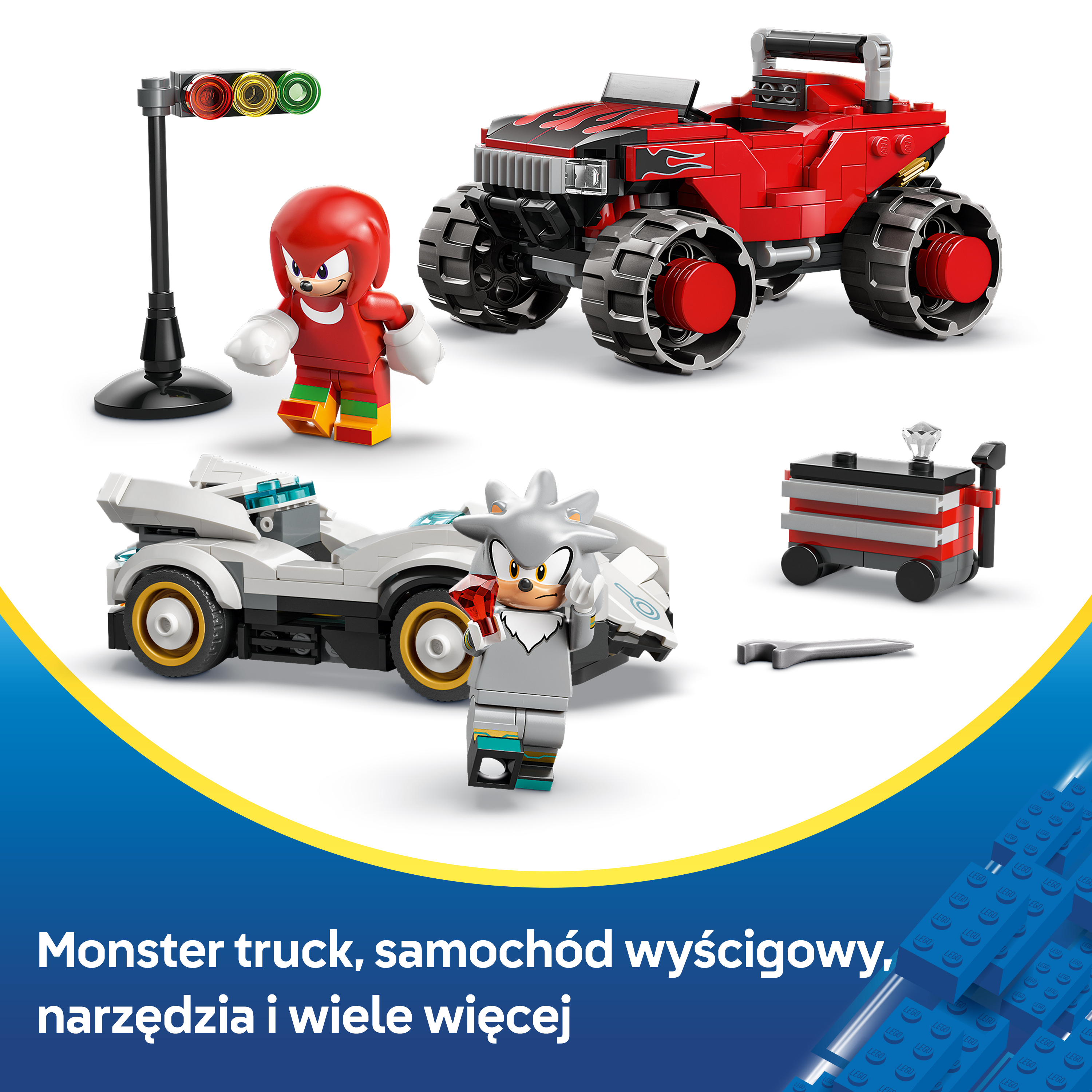Figurki i pojazdy LEGO: Monster truck, samochód wyścigowy, skrzynka narzędziowa, sygnalizacja.