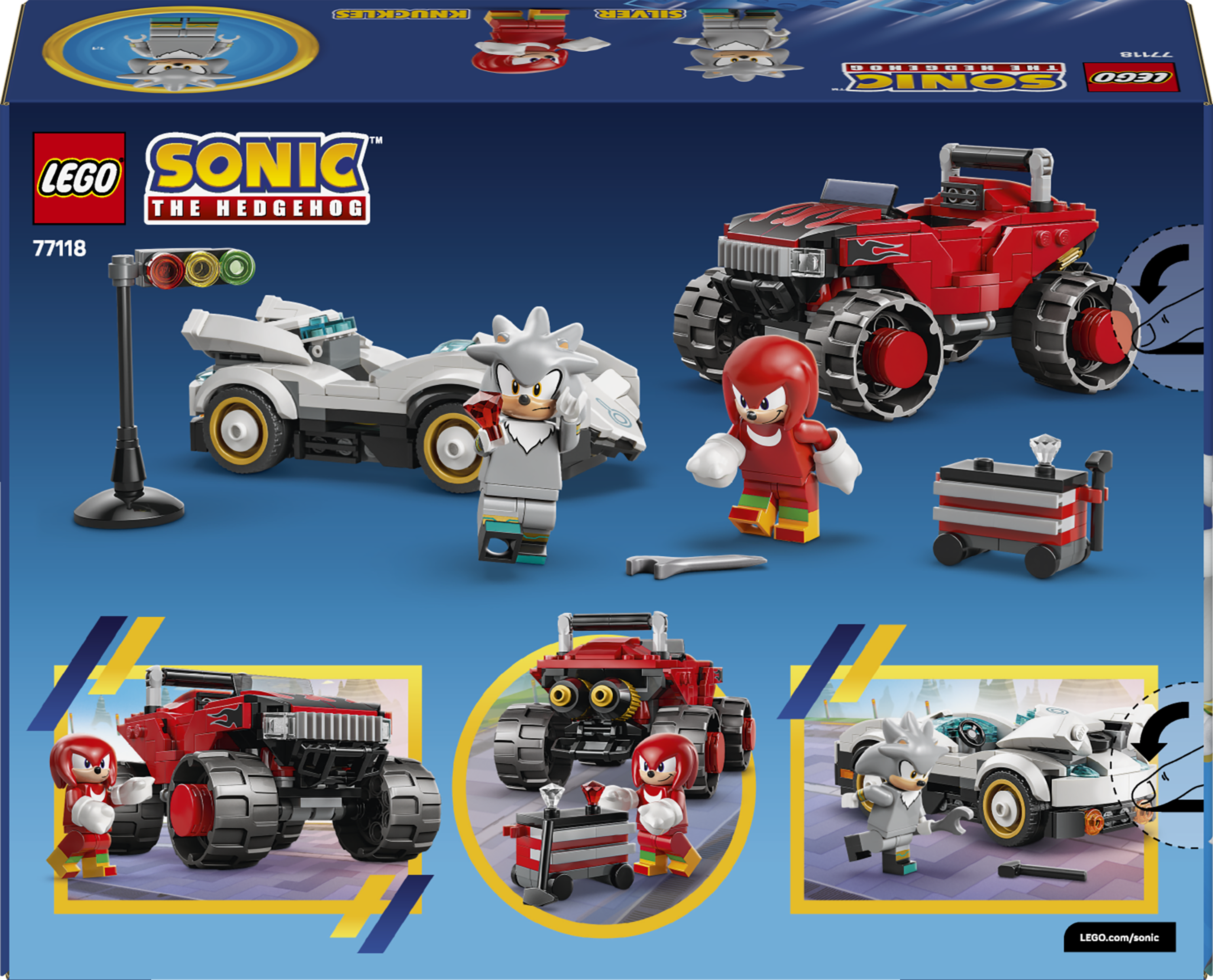 Zestaw LEGO Sonic z postaciami Silver i Knuckles, pojazdami i wózkiem.