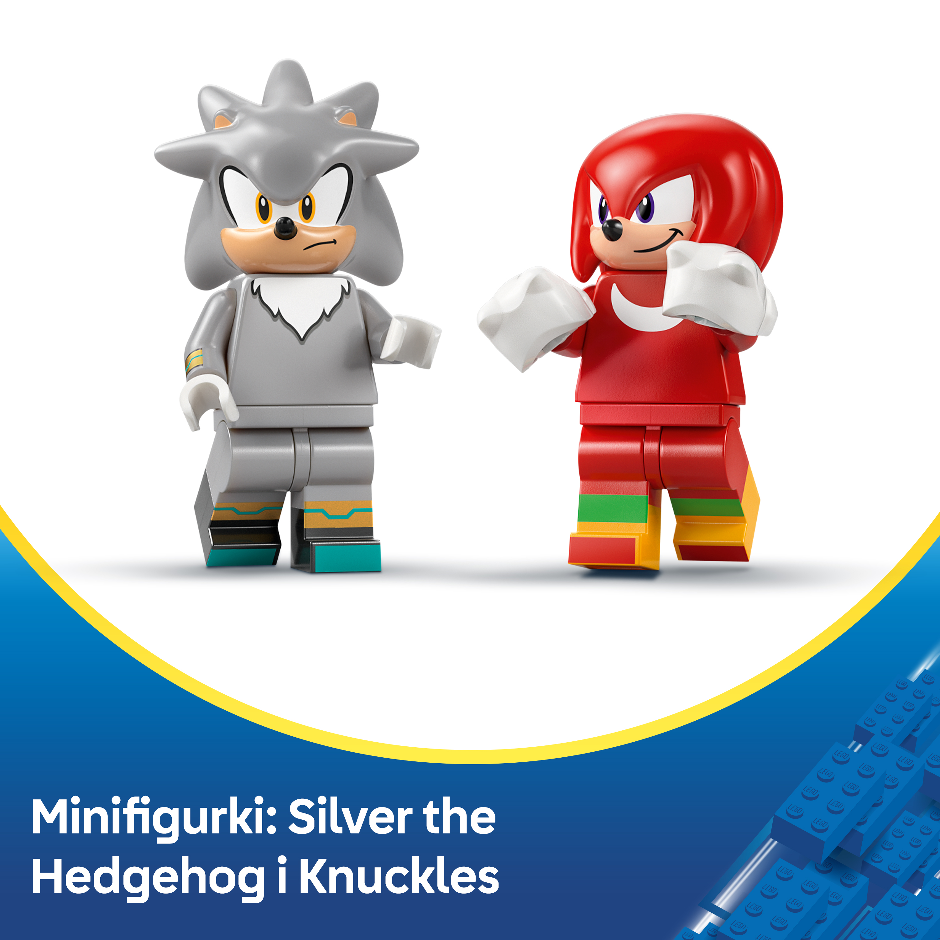 Dwie minifigurki Lego: Silver jeż i Knuckles na niebieskim tle.