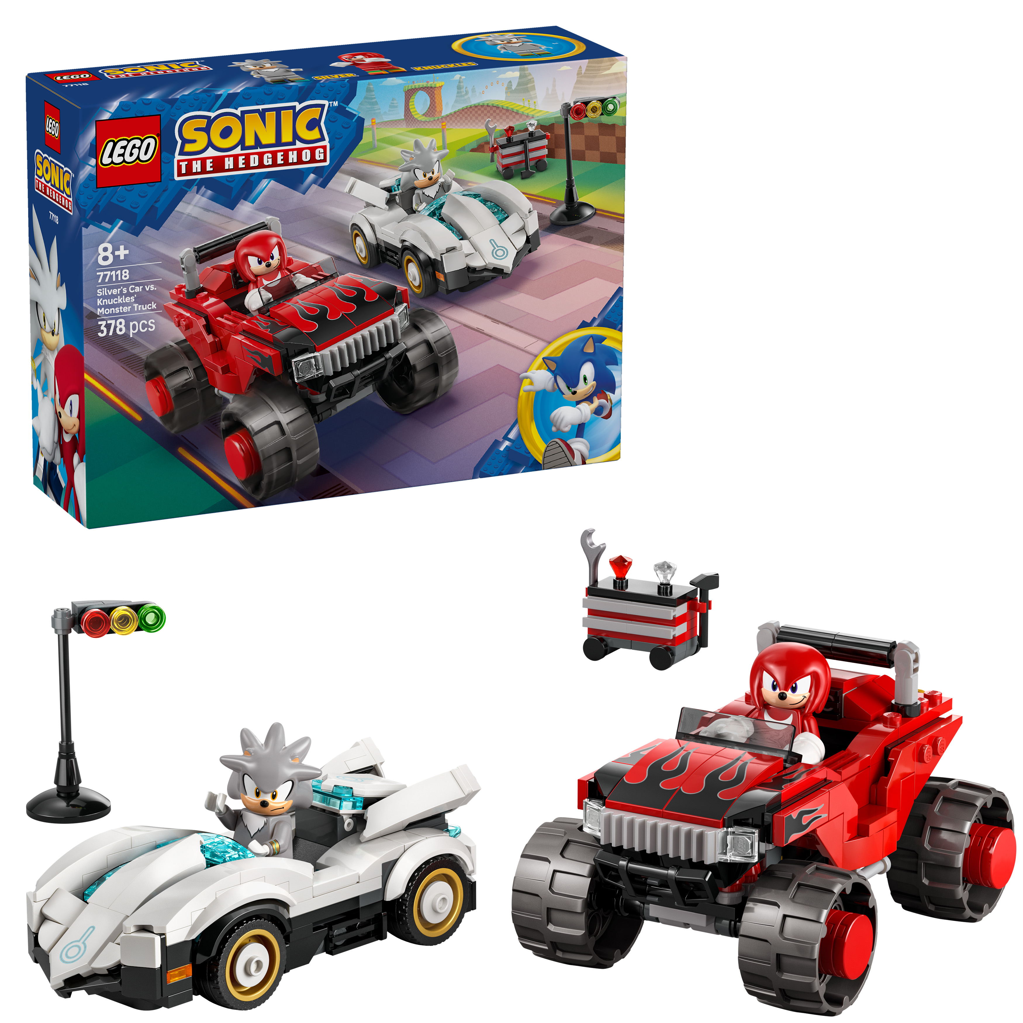 Zestaw LEGO Sonic z samochodem Silvera i monster truckiem Knucklesa.