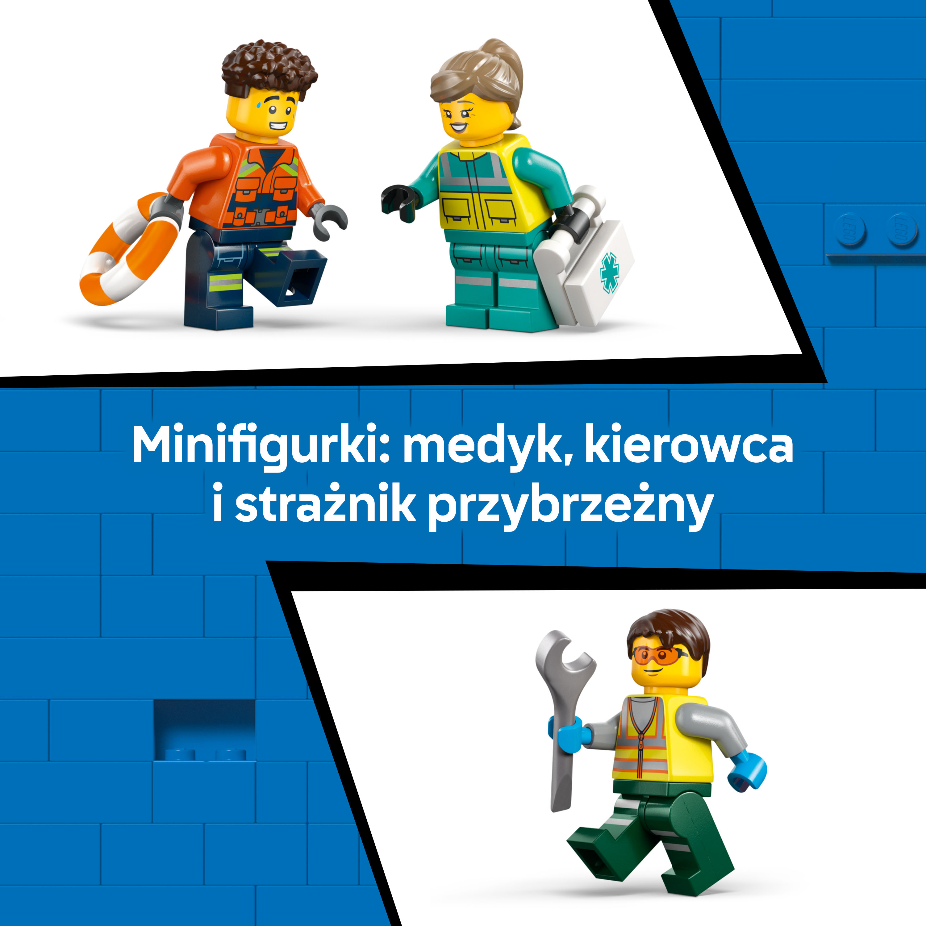 Trzy ludziki Lego: mężczyzna z kołem ratunkowym, kobieta z torbą medyczną i mężczyzna z kluczem.