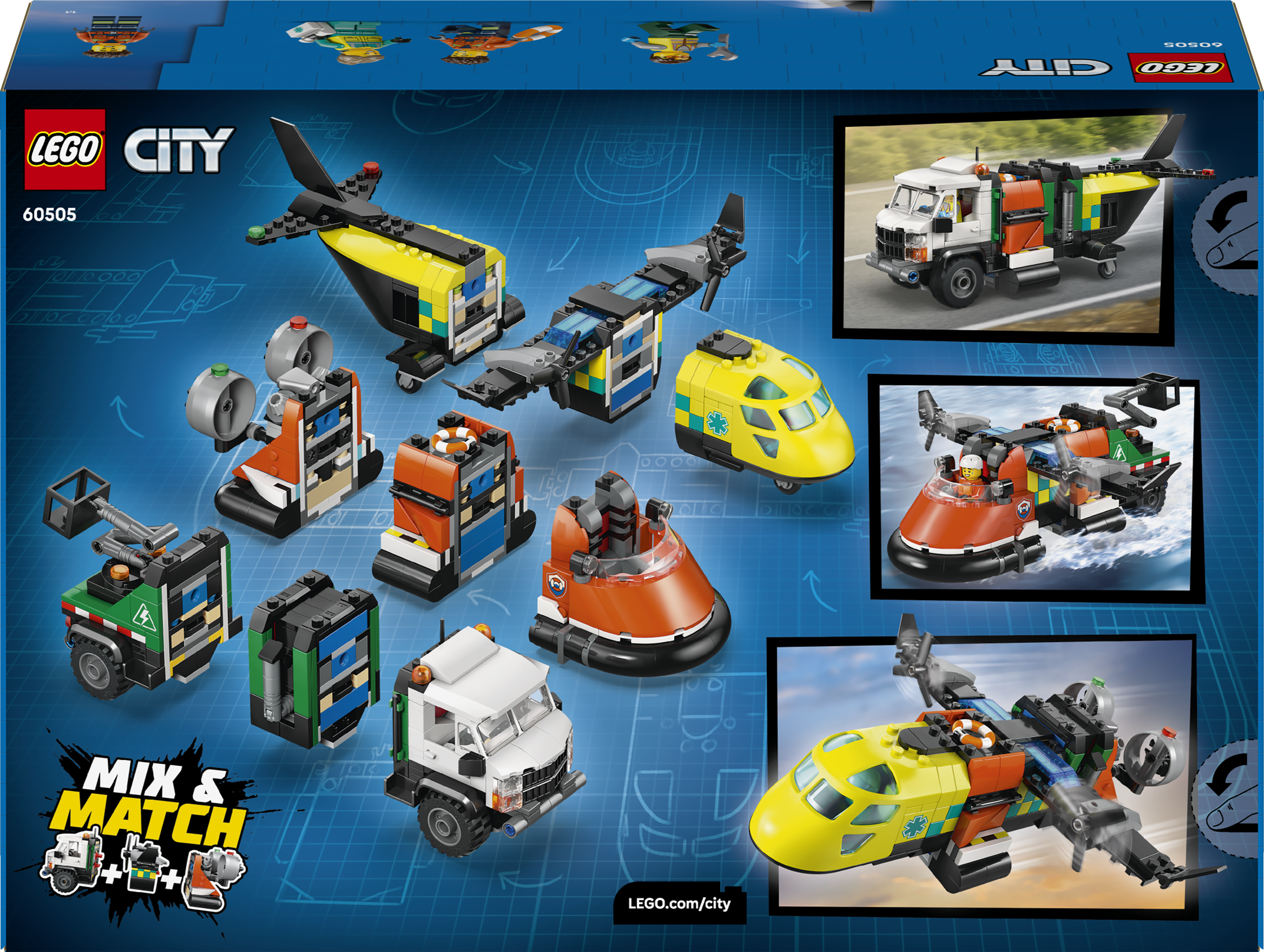Pojazdy ratunkowe Lego City: helikopter ratunkowy, karetka, poduszkowiec, ciężarówka.