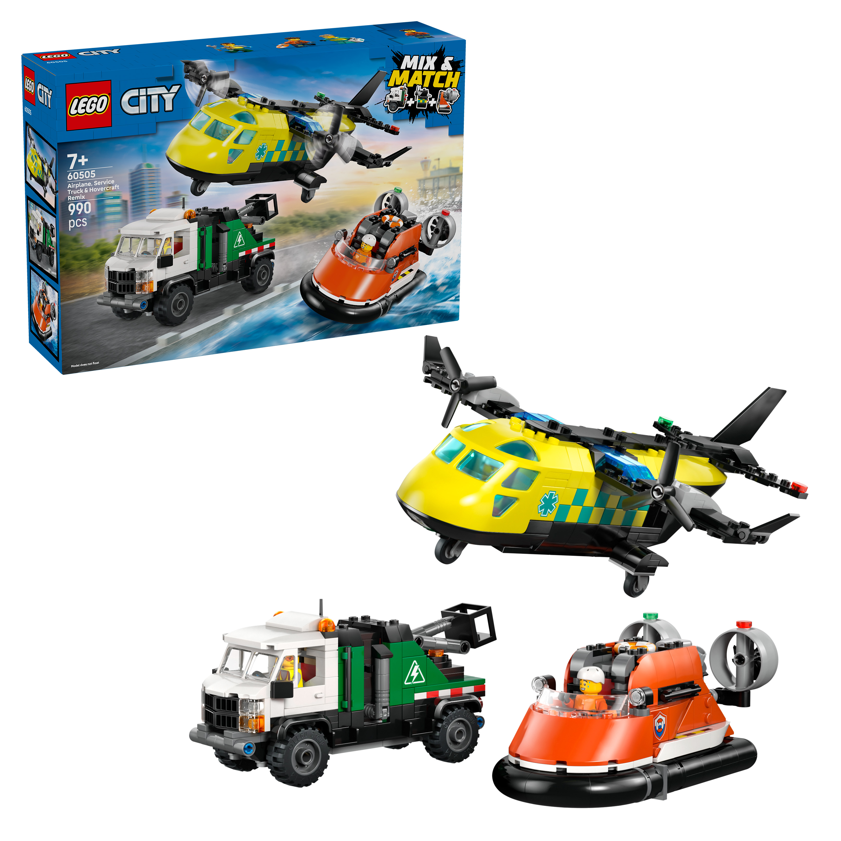 Żółty helikopter Lego, biało-zielona ciężarówka Lego i pomarańczowy poduszkowiec Lego.