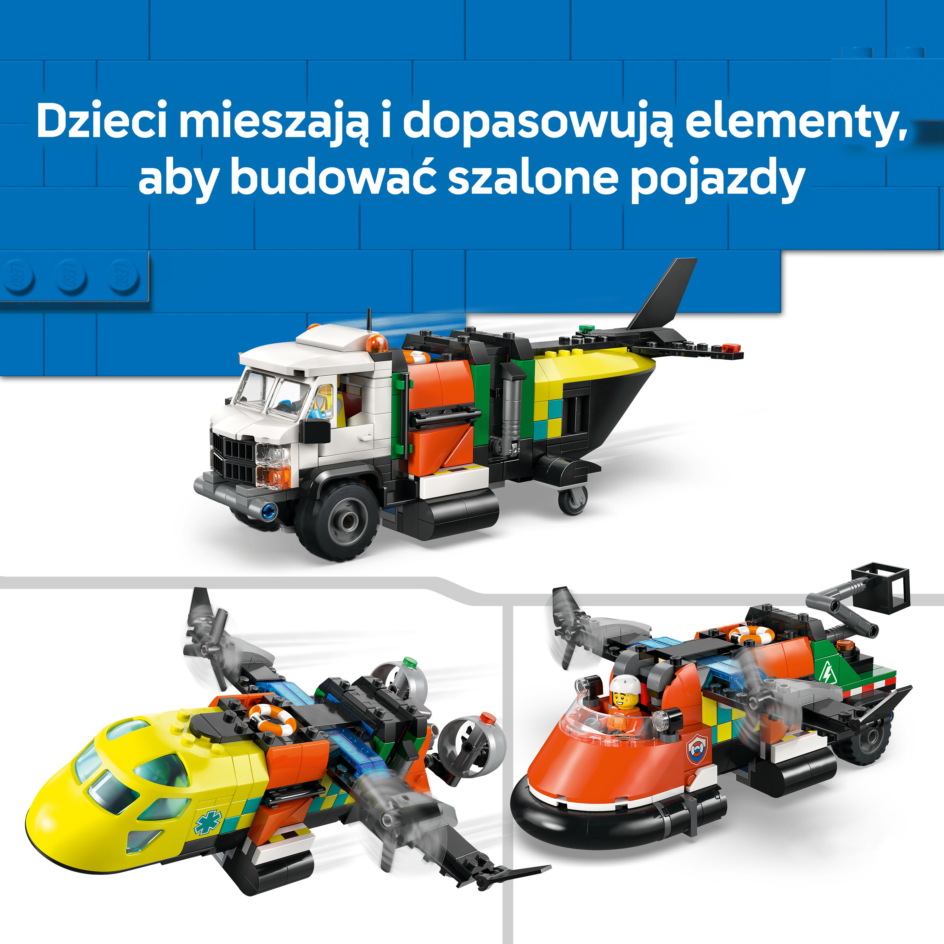 Trzy pojazdy LEGO: ciężarówka, samolot i poduszkowiec w kolorach niebieskim, białym, pomarańczowym, żółtym i zielonym.