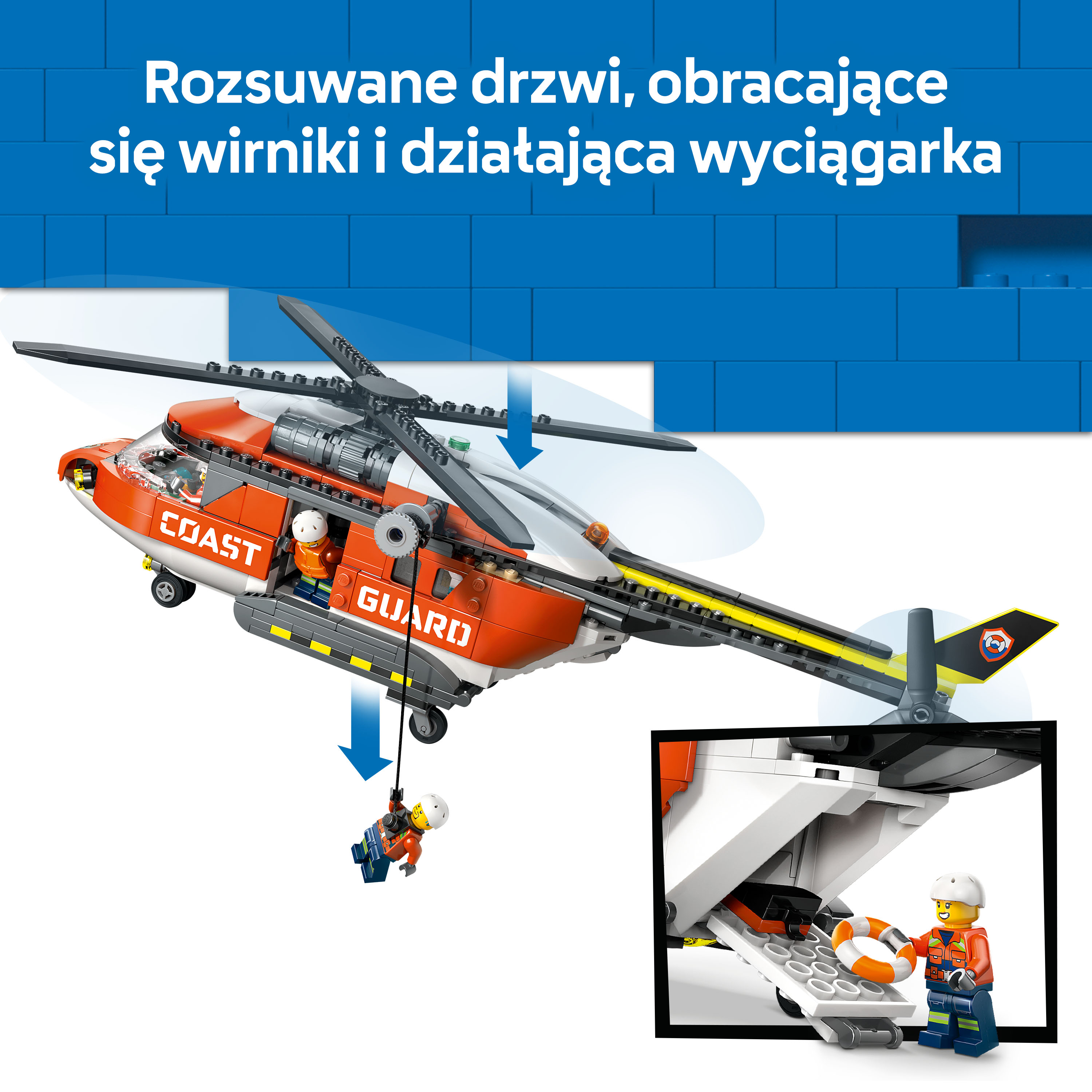 Pomarańczowy helikopter ratunkowy LEGO z figurkami i kołem ratunkowym.