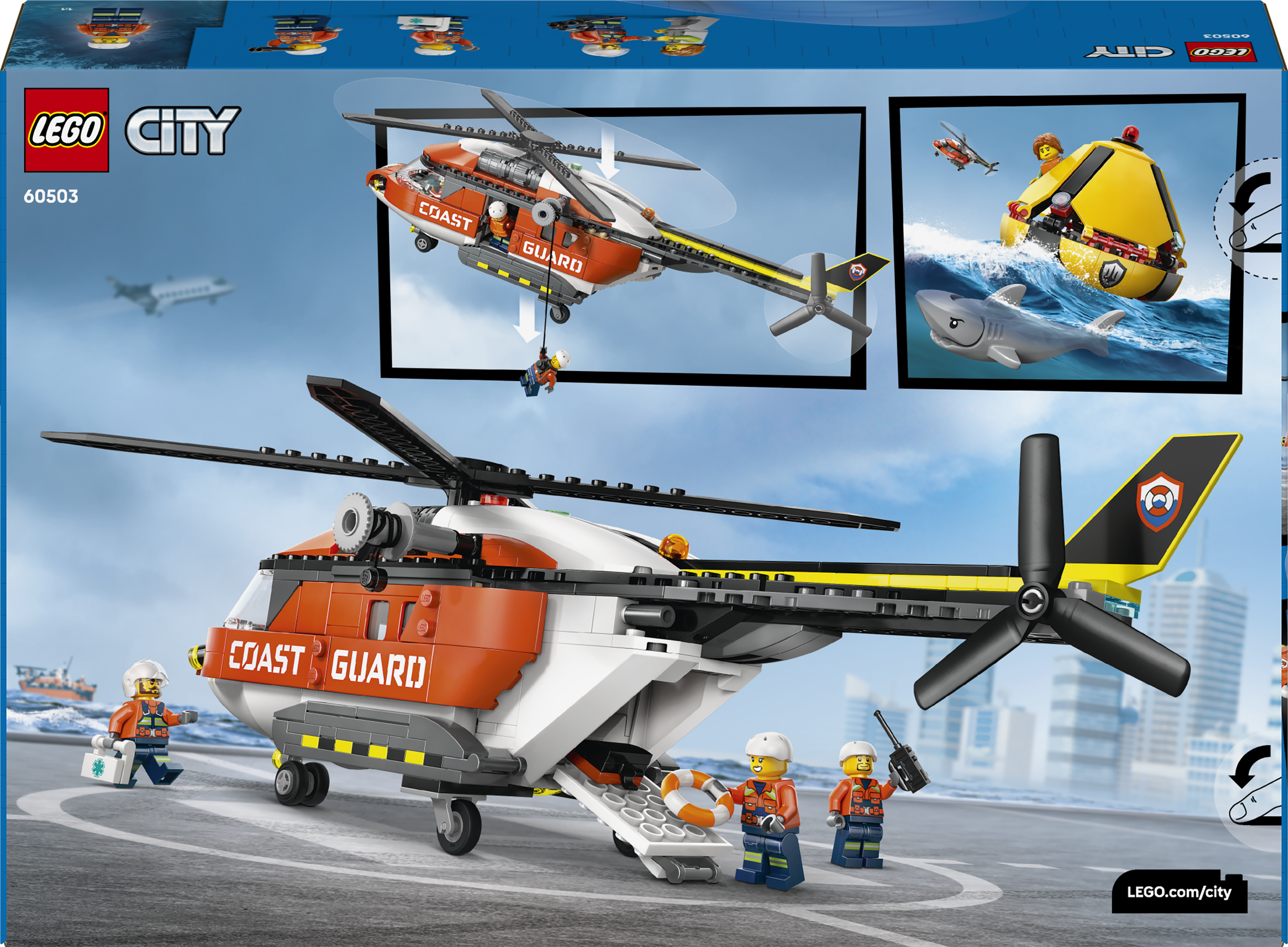 Helikopter Lego Straży Przybrzeżnej z trzema ludzikami i kołem ratunkowym na lądowisku.