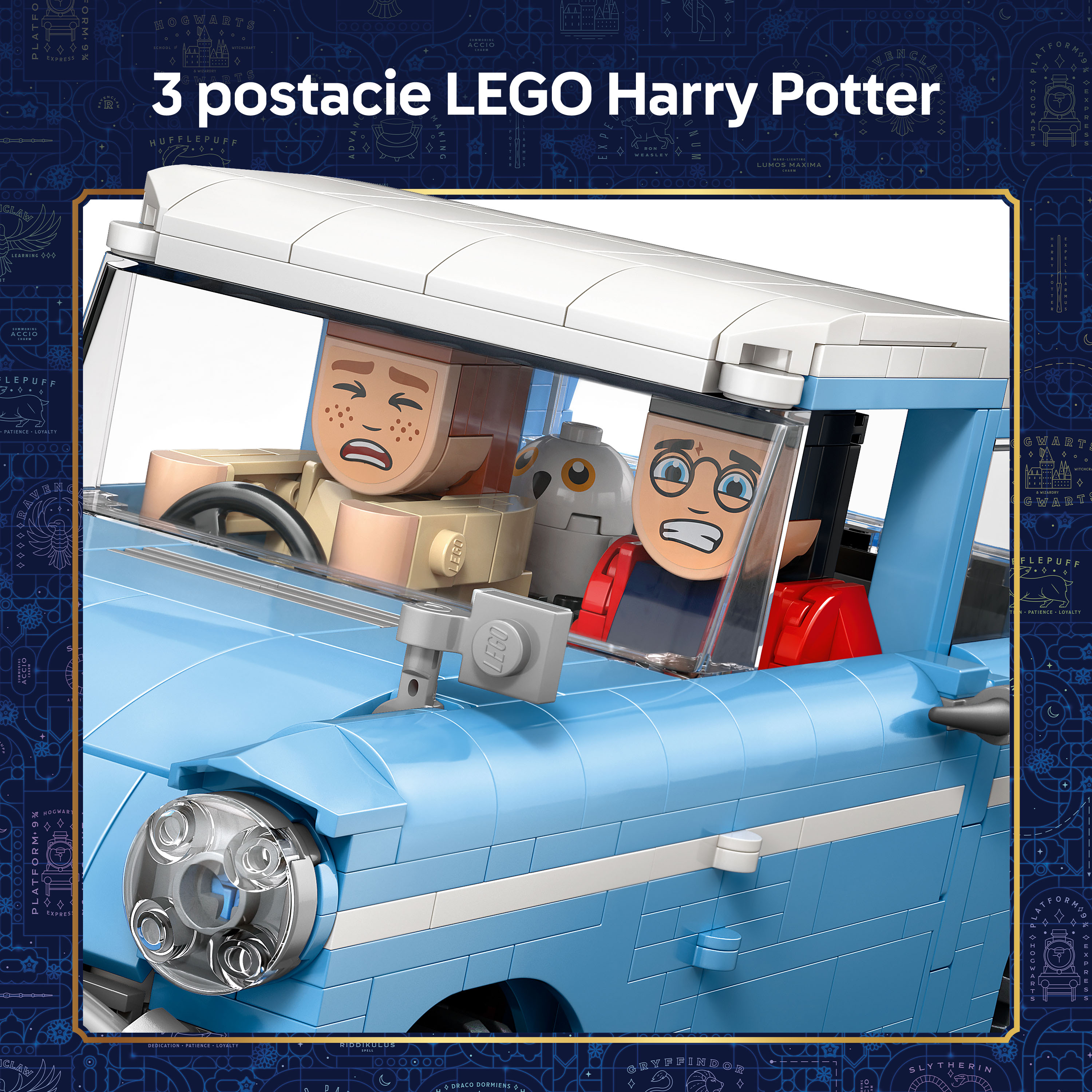 Niebieski samochód LEGO z postaciami Harry'ego Pottera i sową.