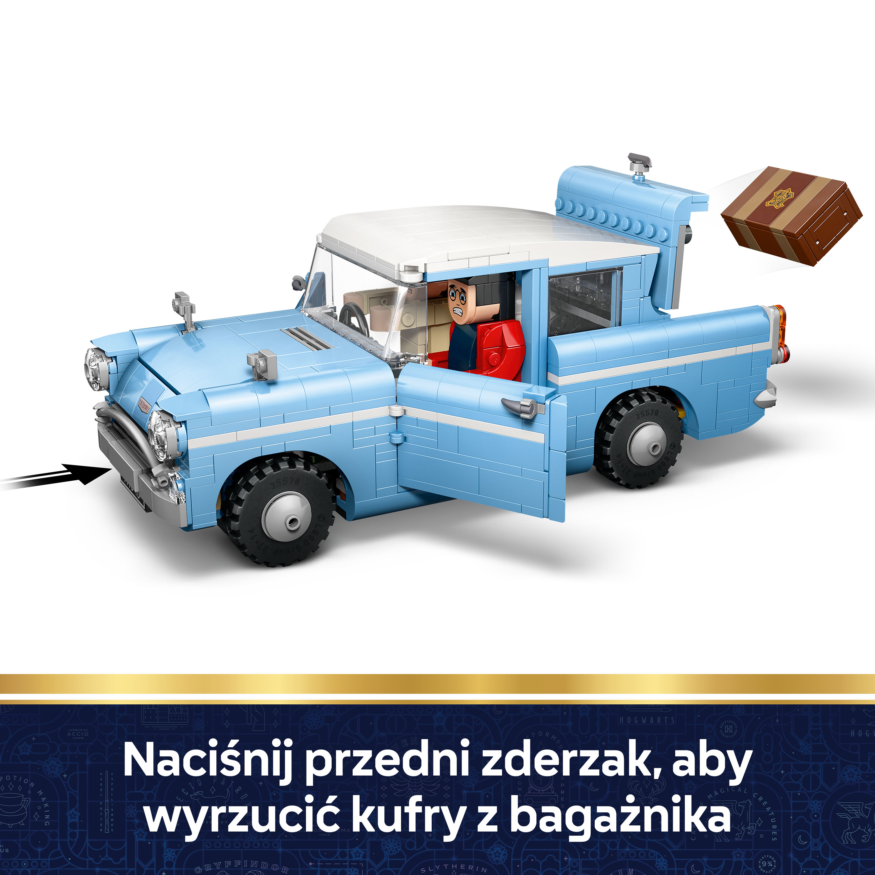 Niebieski samochód Lego z otwartymi drzwiami i wylatującą walizką.