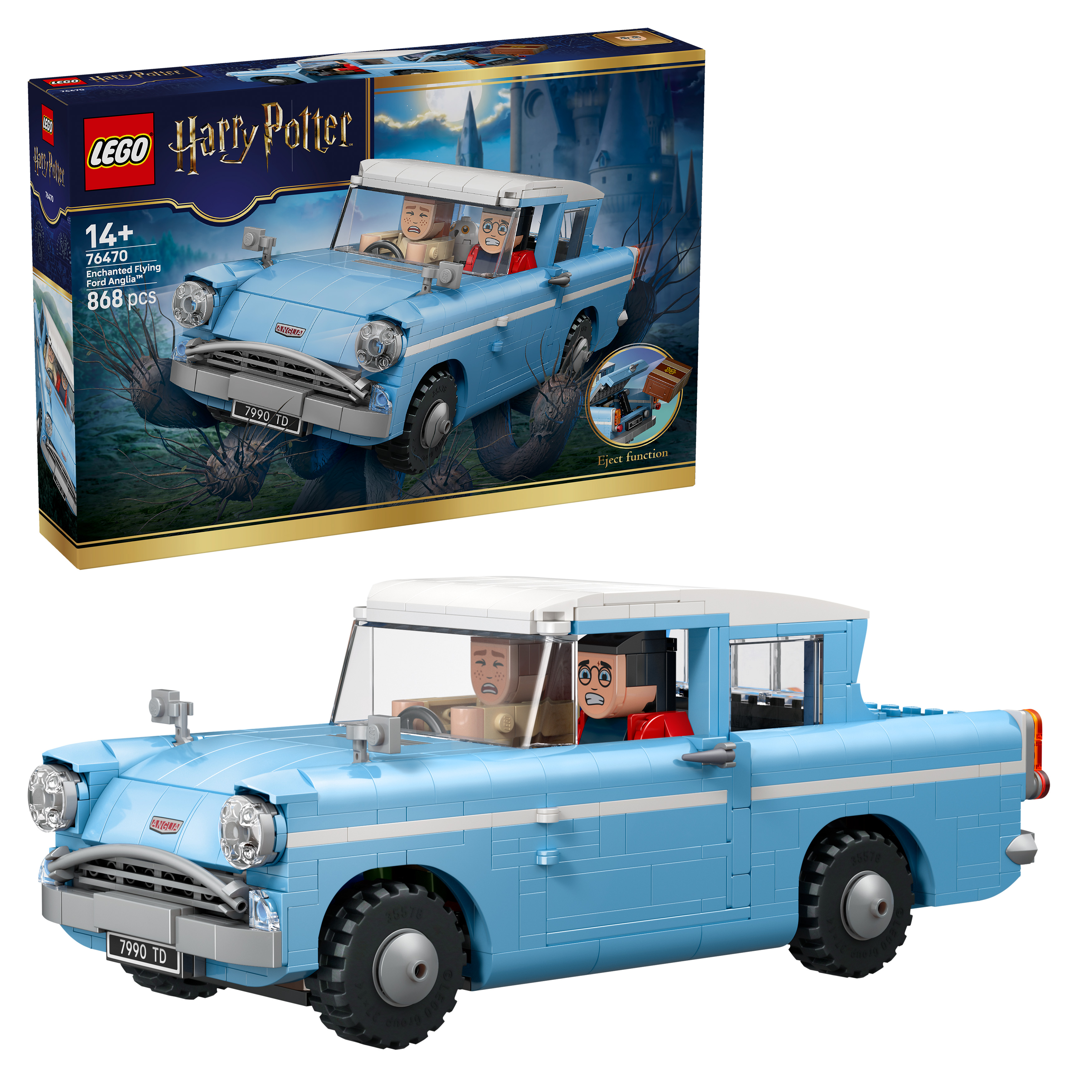 Niebieski Ford Anglia Lego z figurkami Harry'ego Pottera i Rona Weasleya.