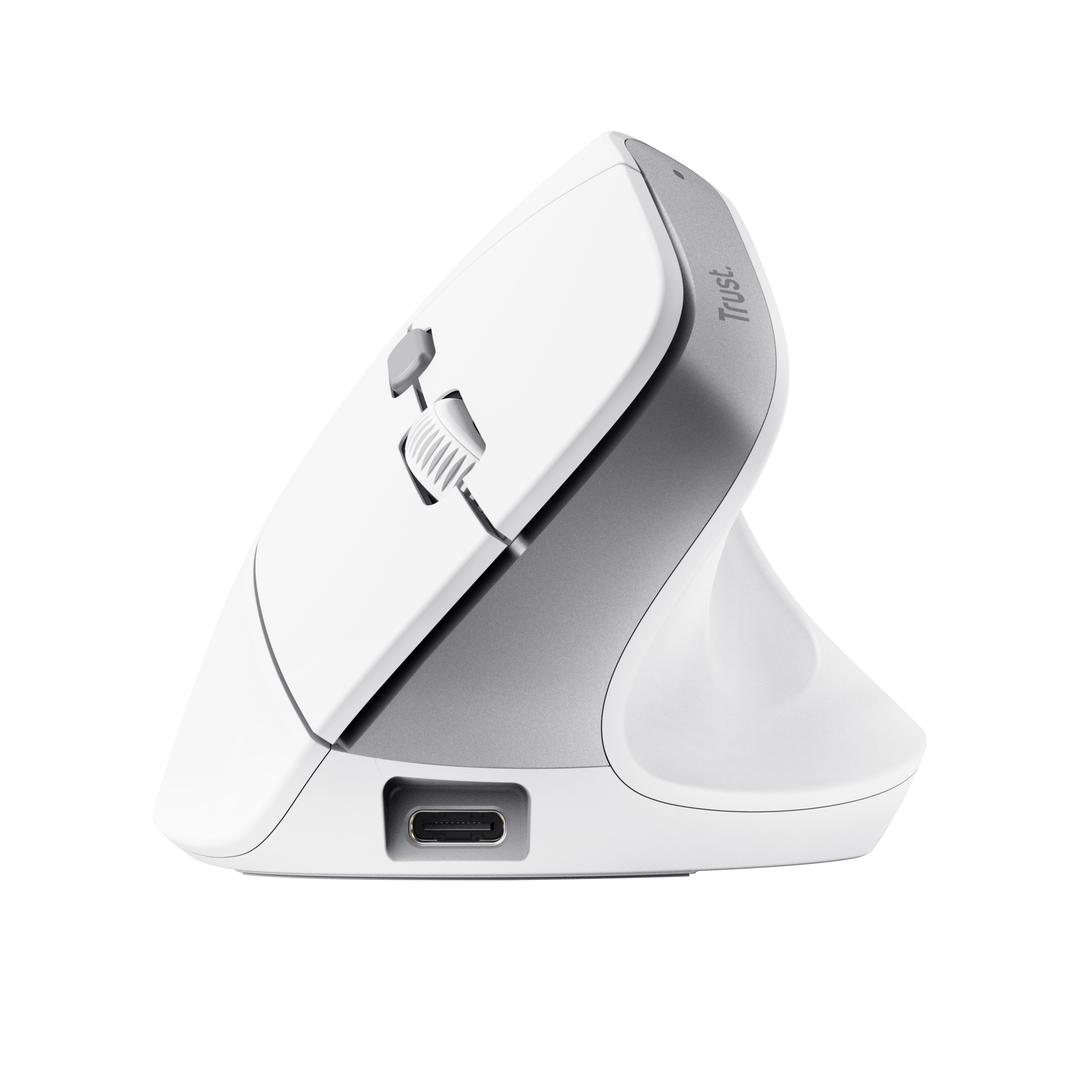 Biała mysz pionowa z portem USB-C i kółkiem.