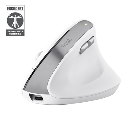 Ergonomiczna biała mysz Trust z portem USB-C i pieczęcią Ergocert.