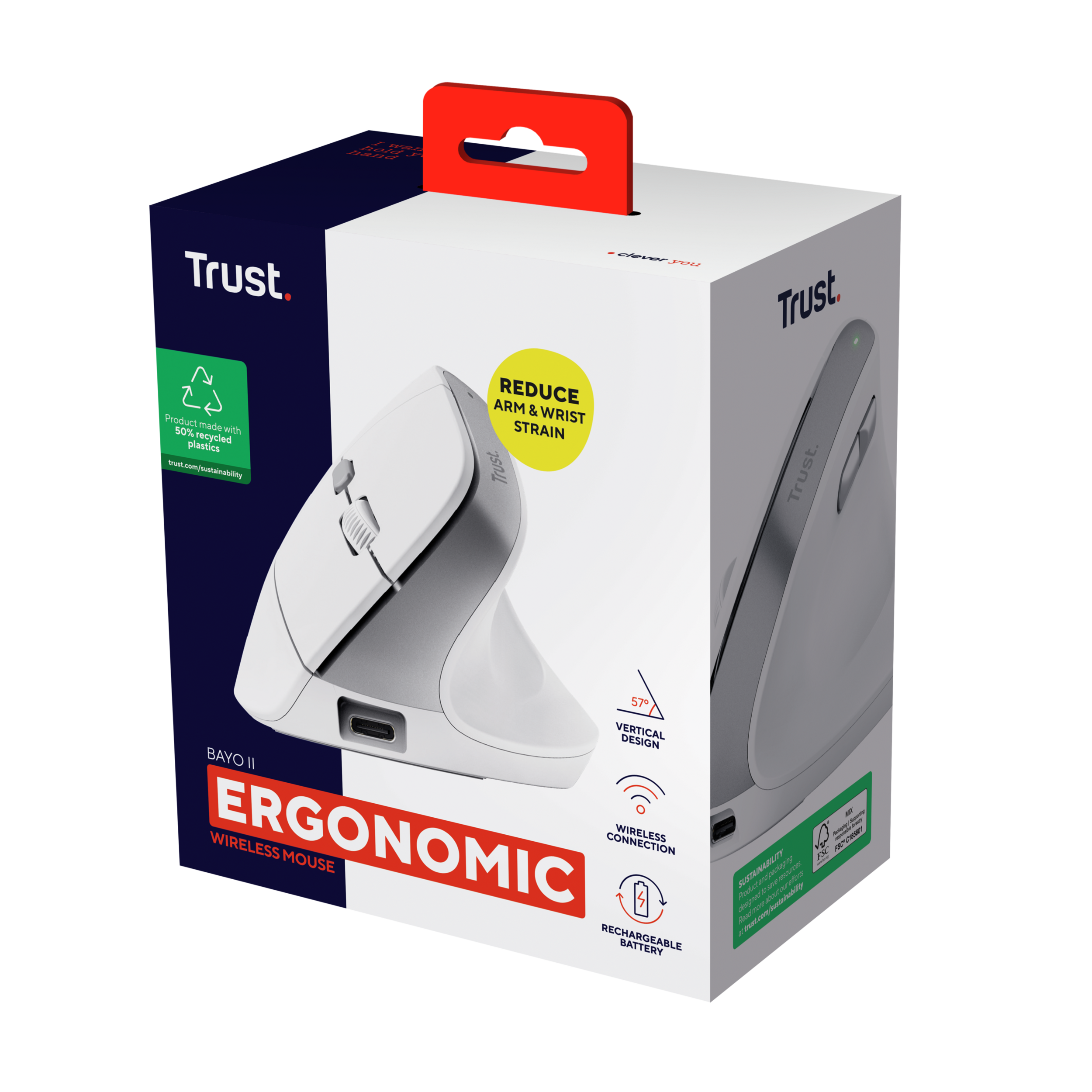 Opakowanie białej, pionowej myszy ergonomicznej Trust Bayo II.