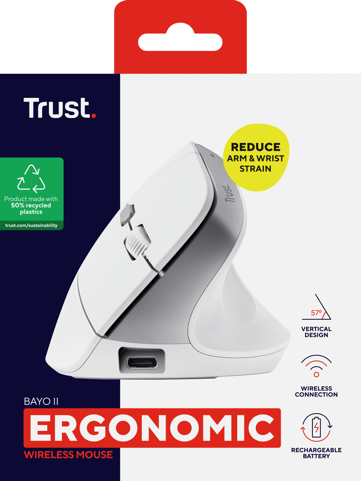 Biała pionowa ergonomiczna mysz USB-C Trust Bayo II.