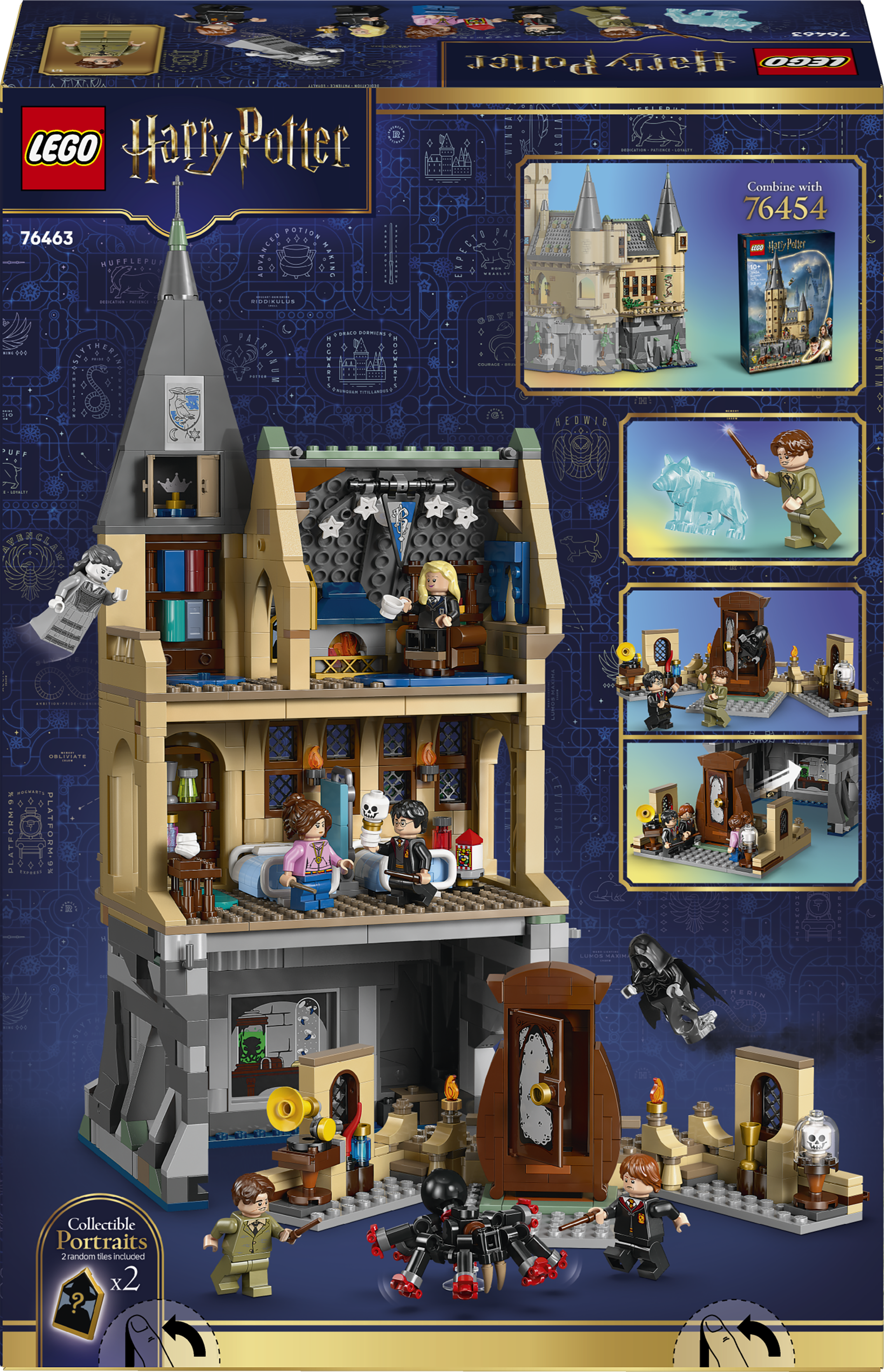 Zestaw LEGO Harry Potter z figurkami, zamkiem i zabawką pająka.