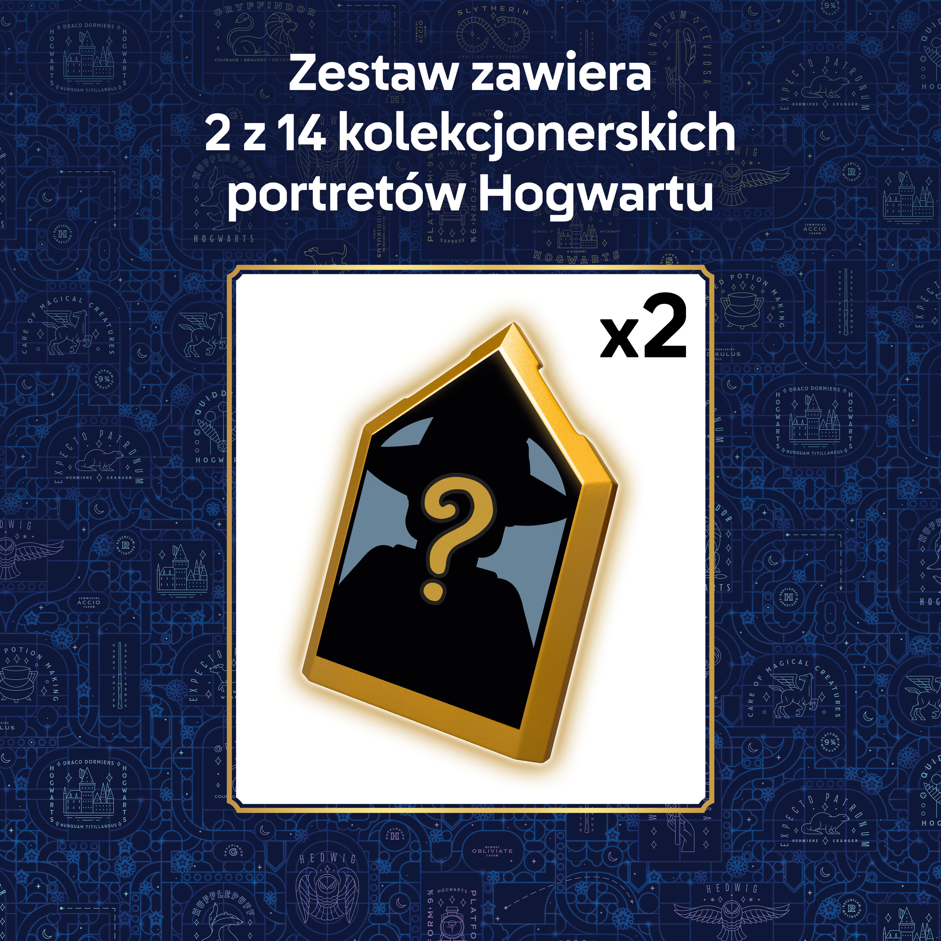 Złota ramka ze znakiem zapytania na czarnym tle, obok x2.