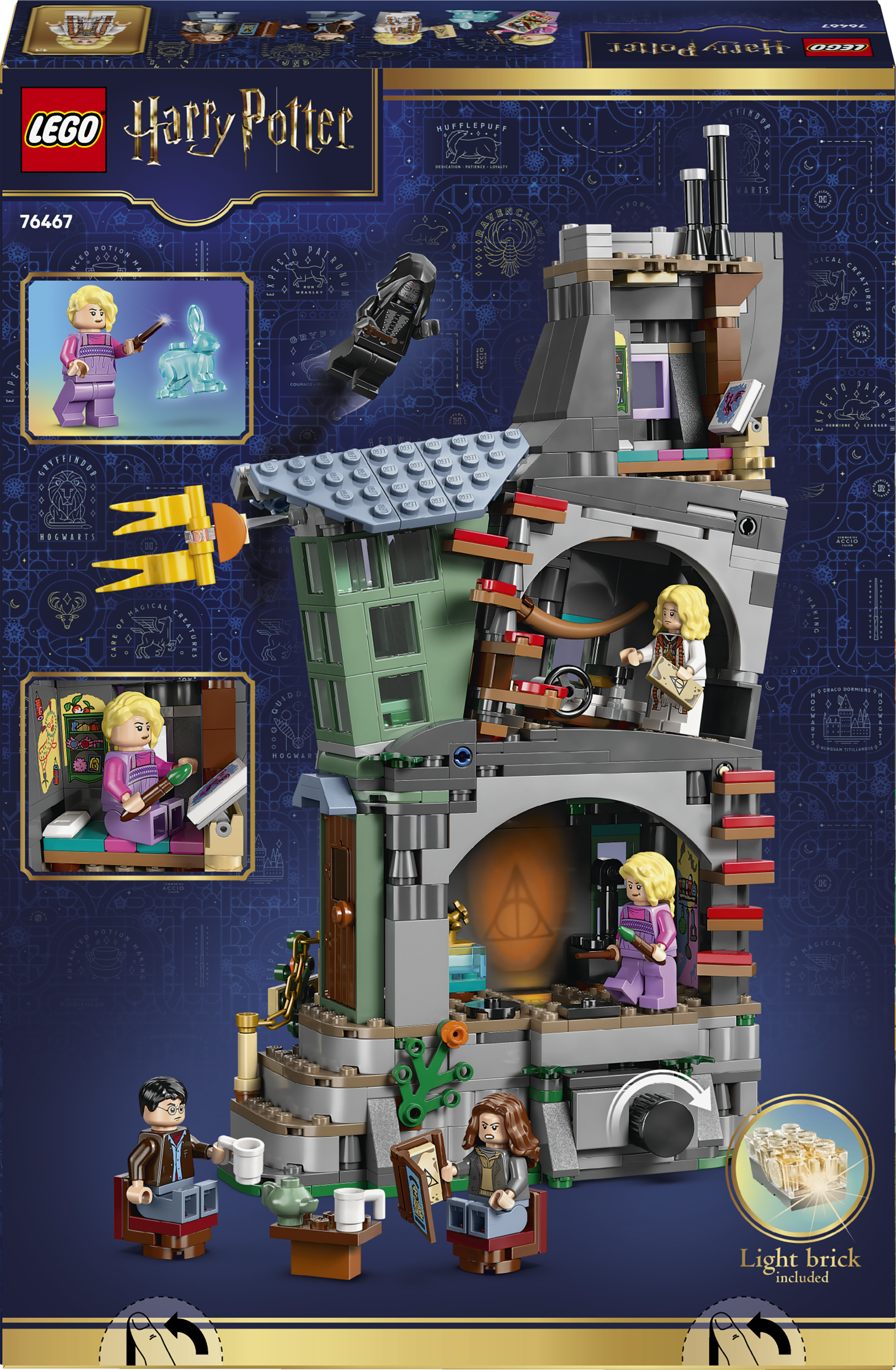 Zestaw LEGO Harry Potter z figurkami i wielopiętrowym budynkiem.
