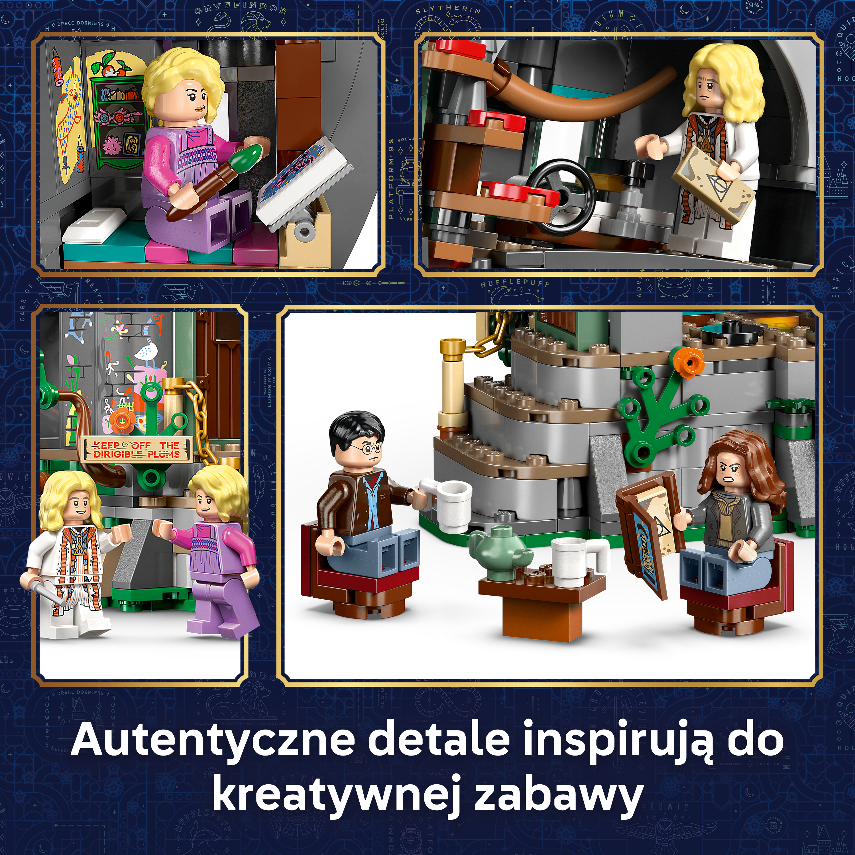 Figurki Lego w różnych scenach przedstawiających postacie z Harry'ego Pottera.