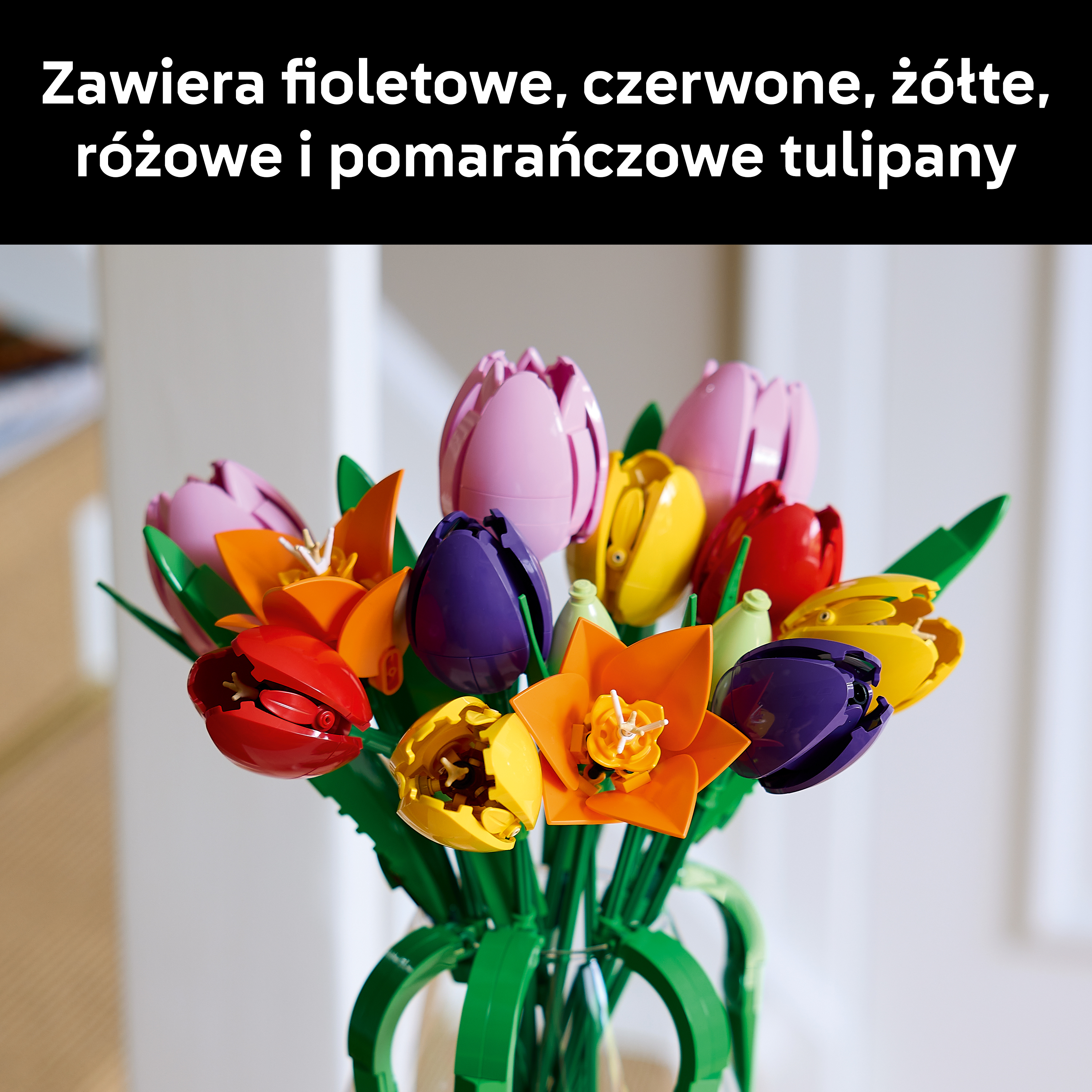 Bukiety kolorowych tulipanów LEGO w kolorach fioletowym, czerwonym, żółtym, pomarańczowym i różowym.