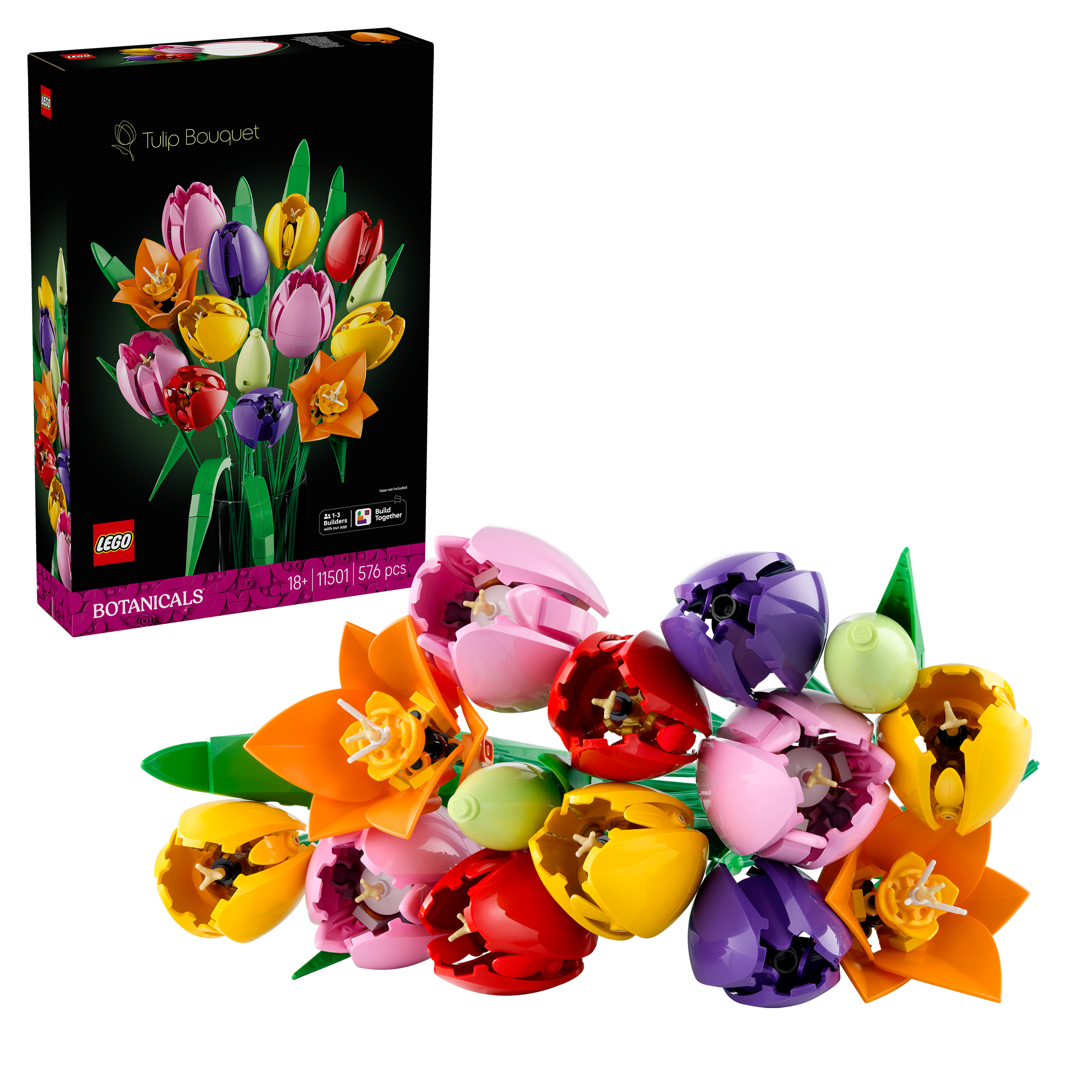 Pudełko Lego Bukiet Tulipany i bukiet kolorowych tulipanów Lego.