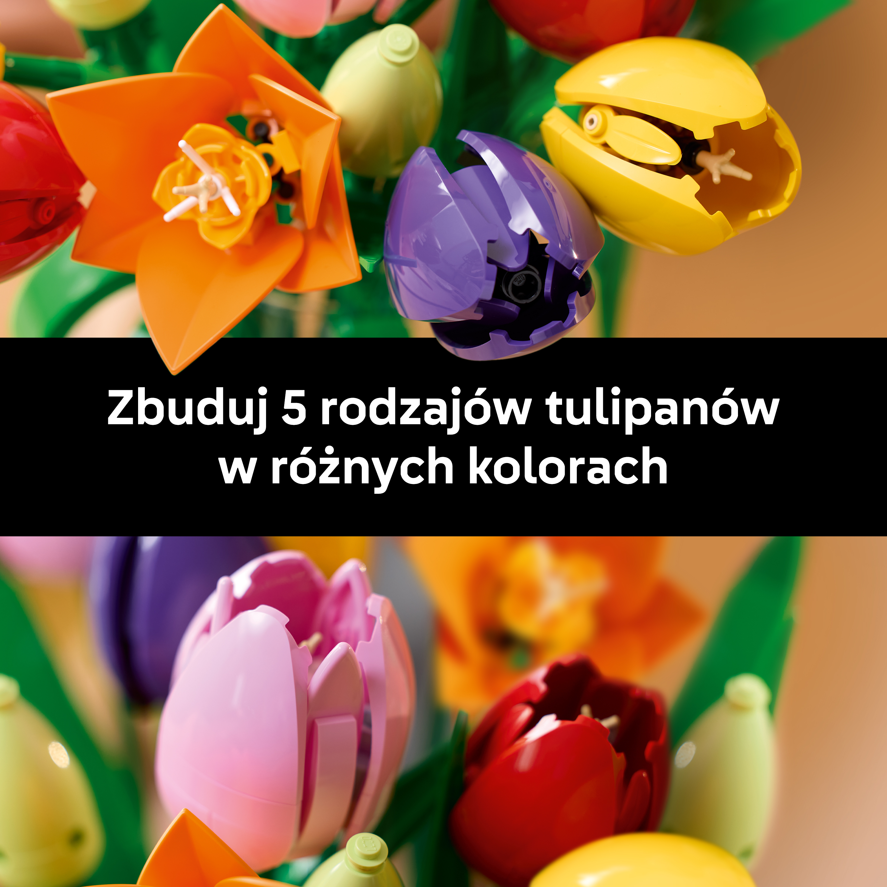 Kolorowe tulipany Lego w różnych kolorach i kształtach.