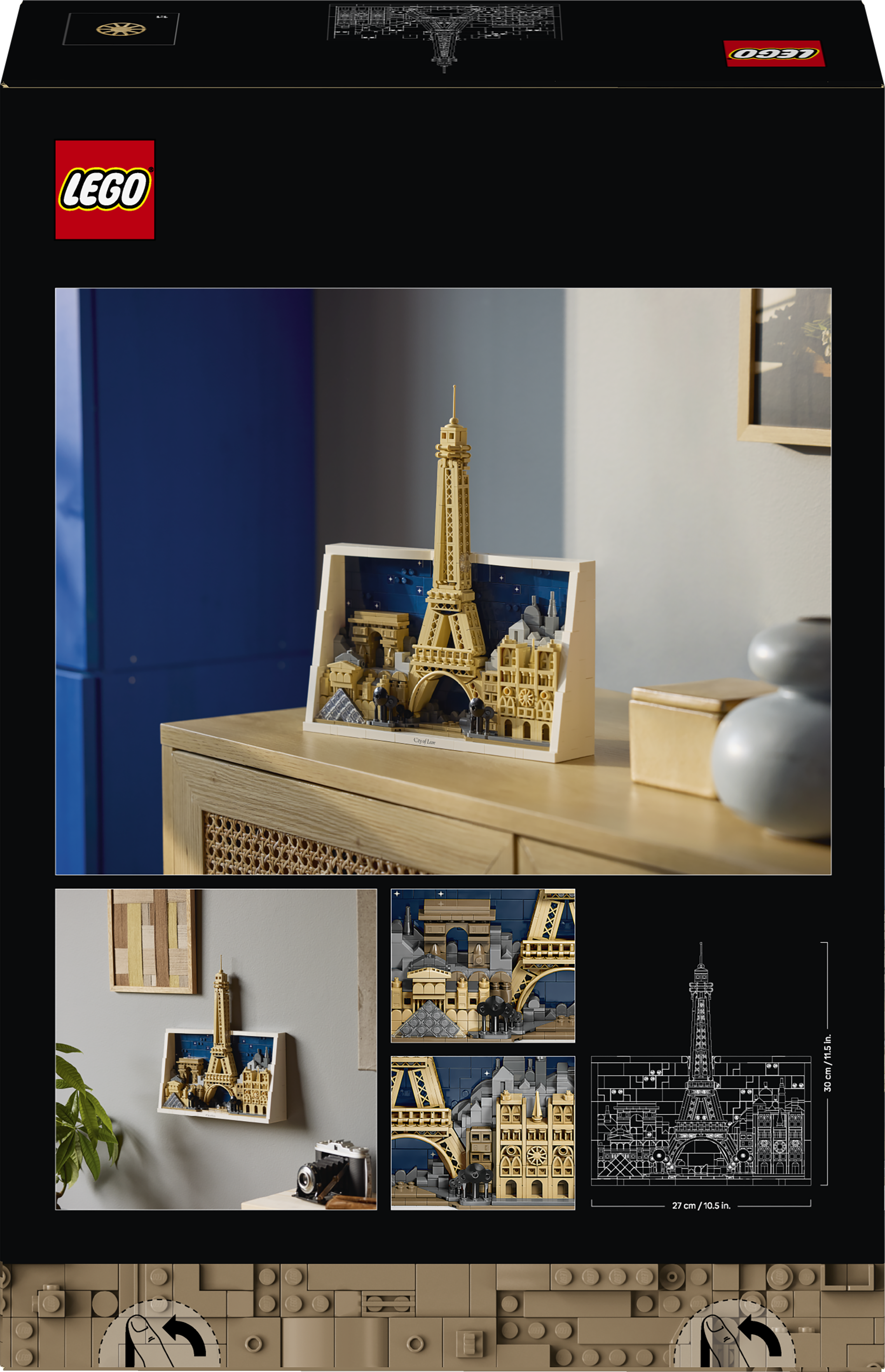 Model LEGO Wieży Eiffla z paryskimi zabytkami na stole.
