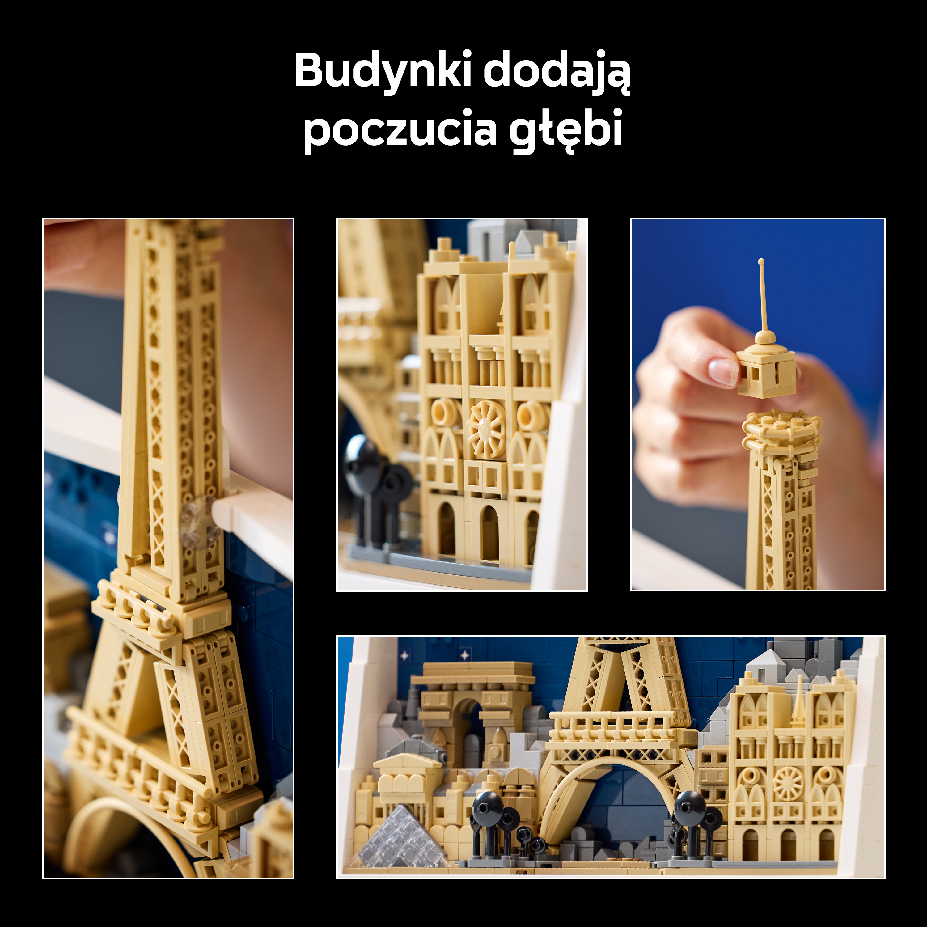 Model LEGO Paryża z Wieżą Eiffla i Łukiem Triumfalnym.