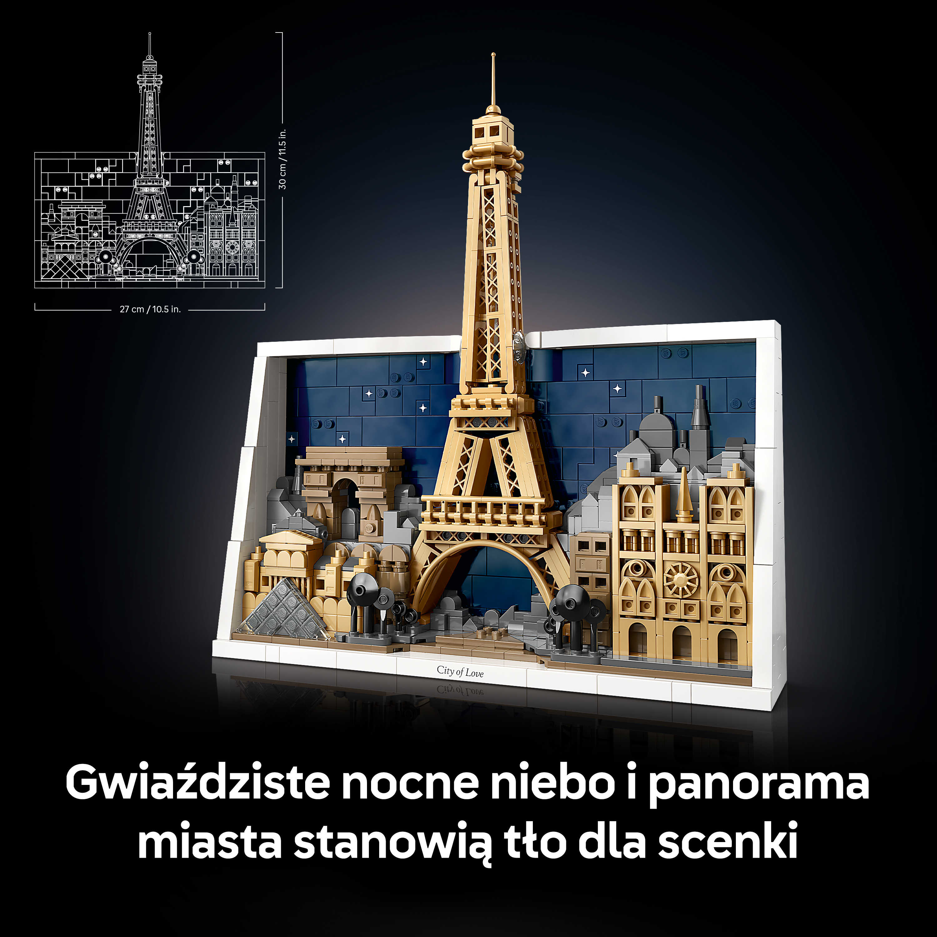 Model LEGO z Wieżą Eiffla, Łukiem Triumfalnym i Piramidą na tle gwieździstej nocy.