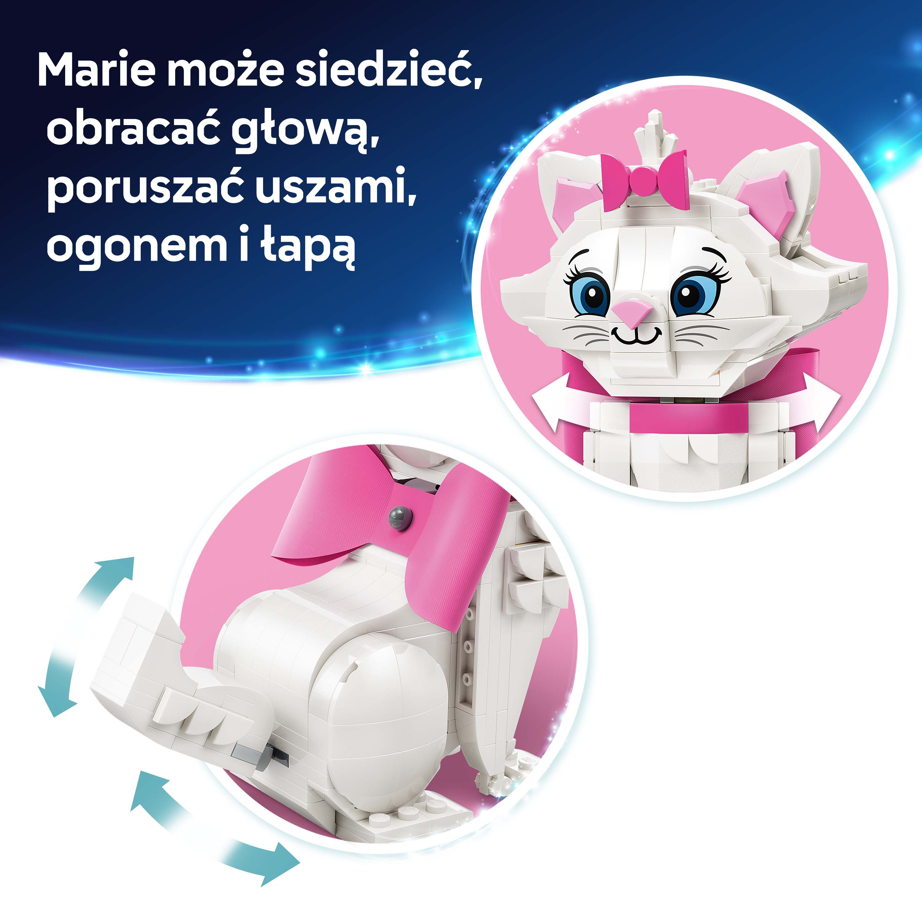 Biały model kota LEGO z różową kokardką i obrożą.