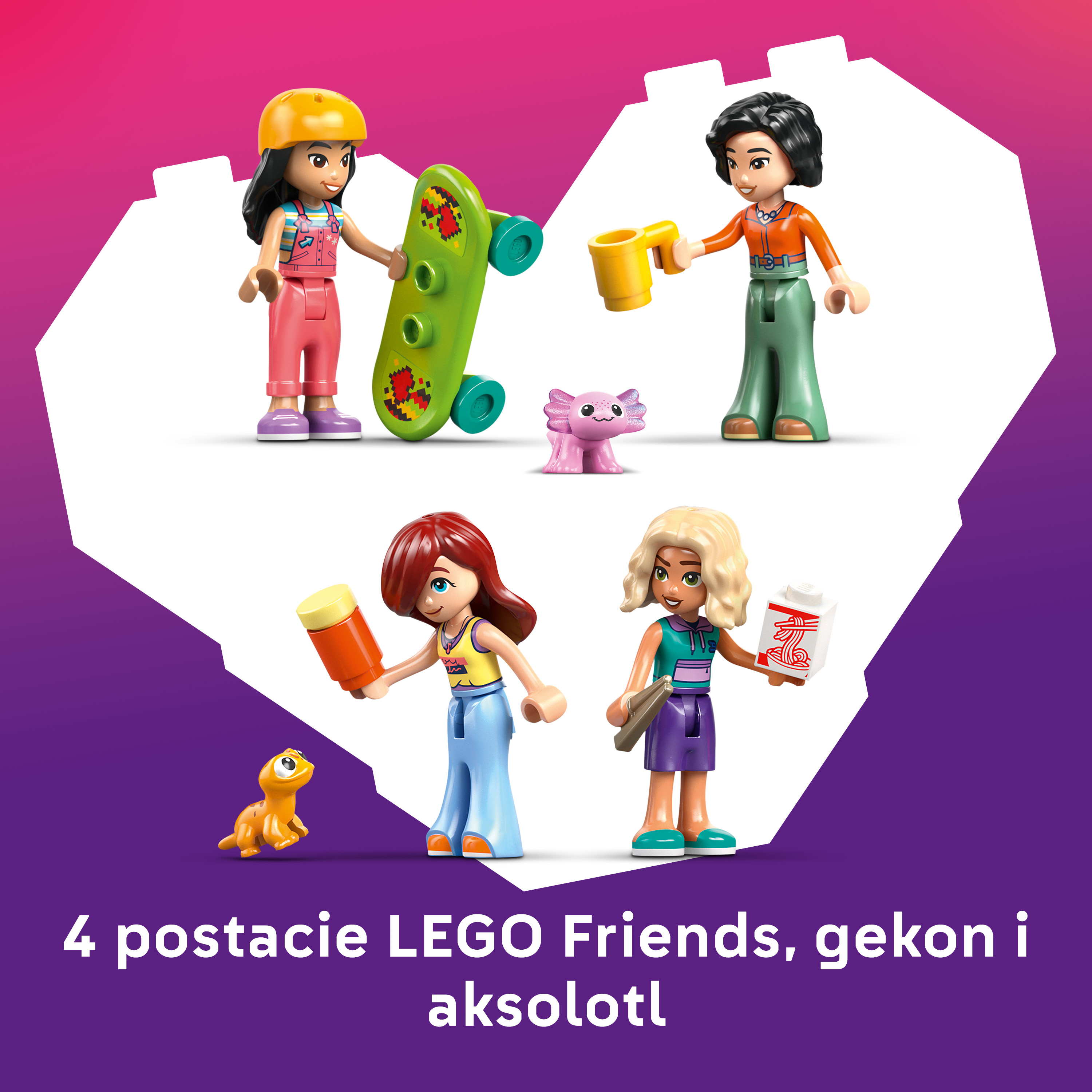 Cztery postacie LEGO Friends, jaszczurka i aksolotl na tle serca.