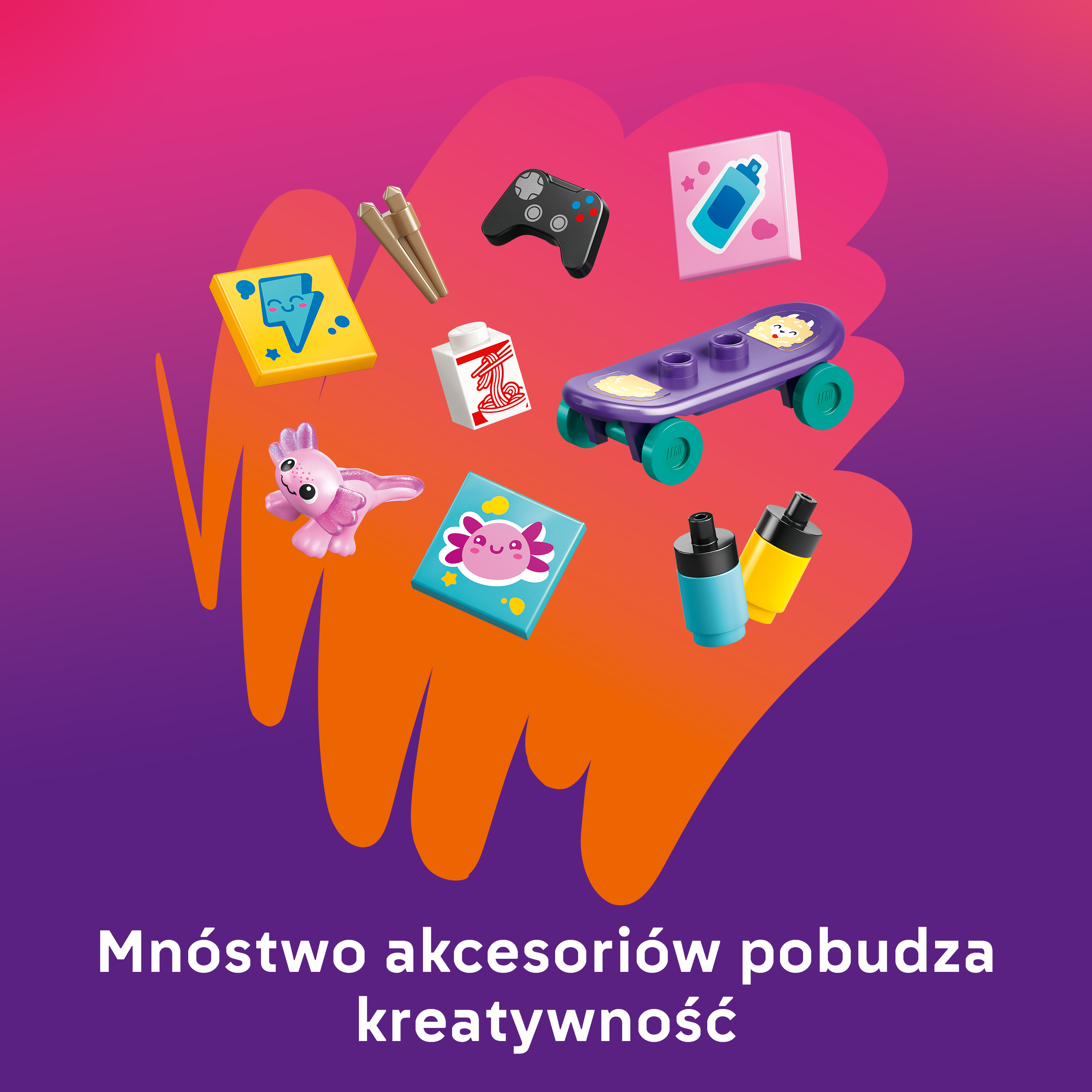 Zabawki: deskorolka, kontroler, aksolotl, pudełko z makaronem, flamastry.
