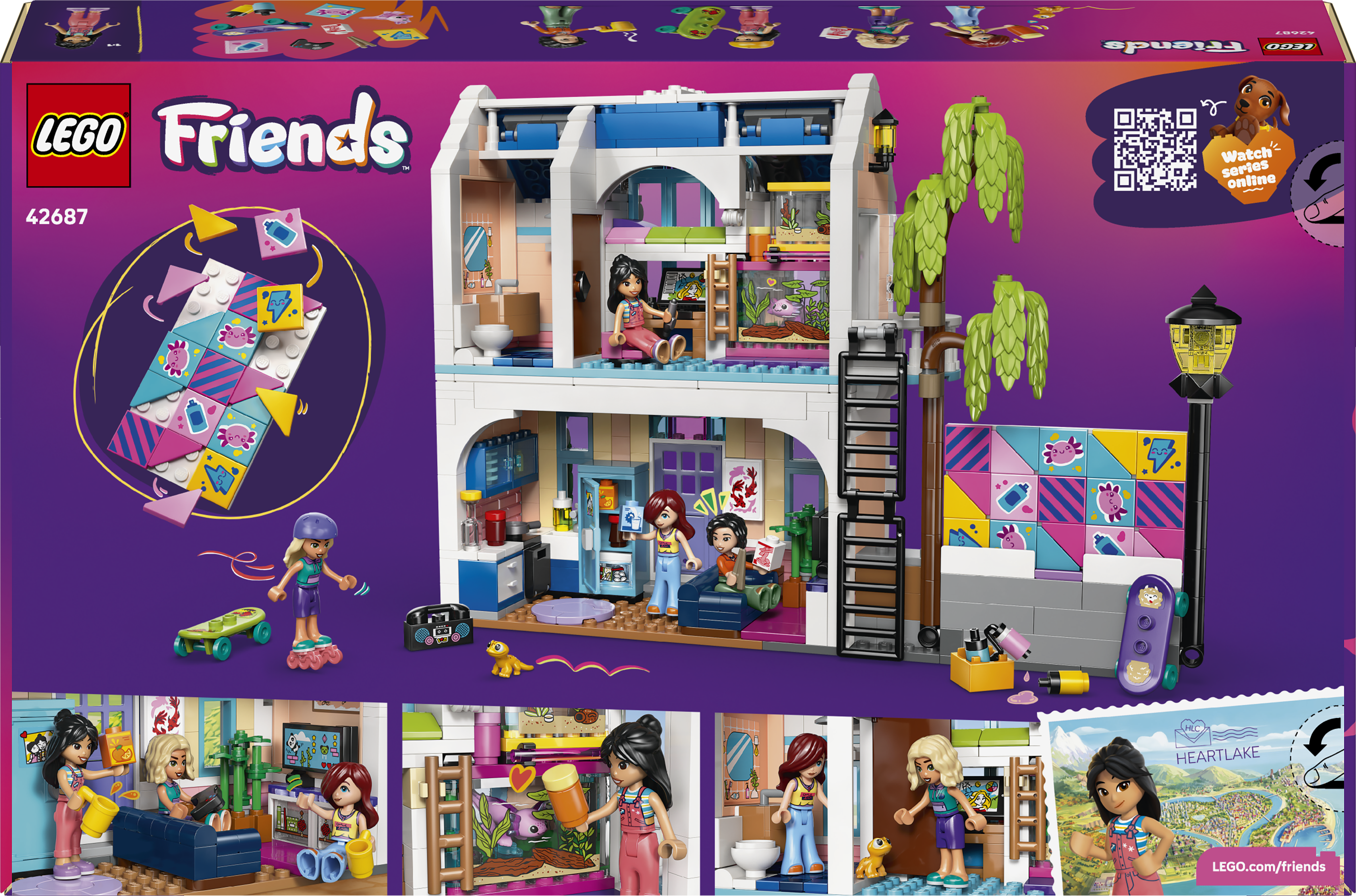 Zestaw Lego Friends przedstawia wielopiętrowy dom z figurkami, meblami i akcesoriami.