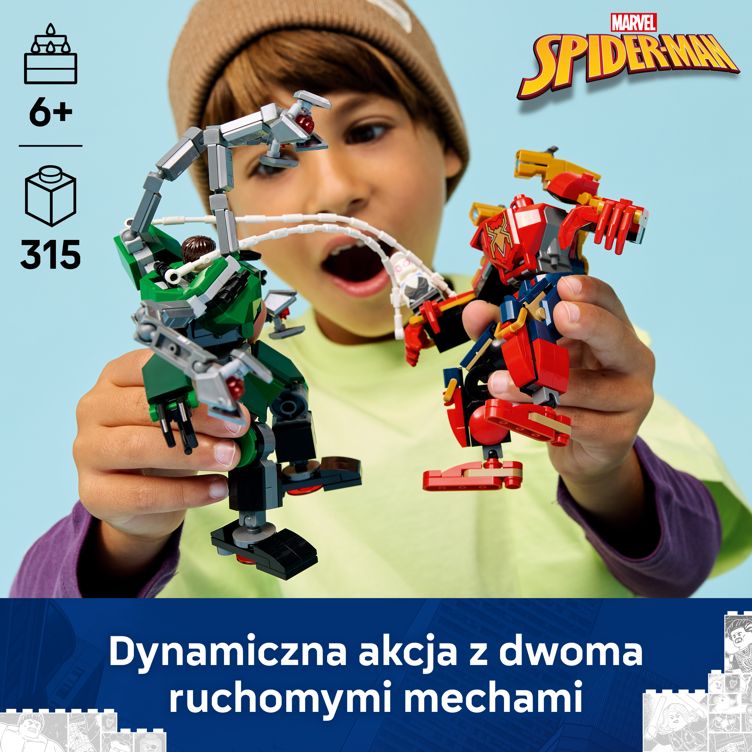 Dziecko trzyma dwie zabawki mech Lego, jedną czerwoną i jedną zieloną.