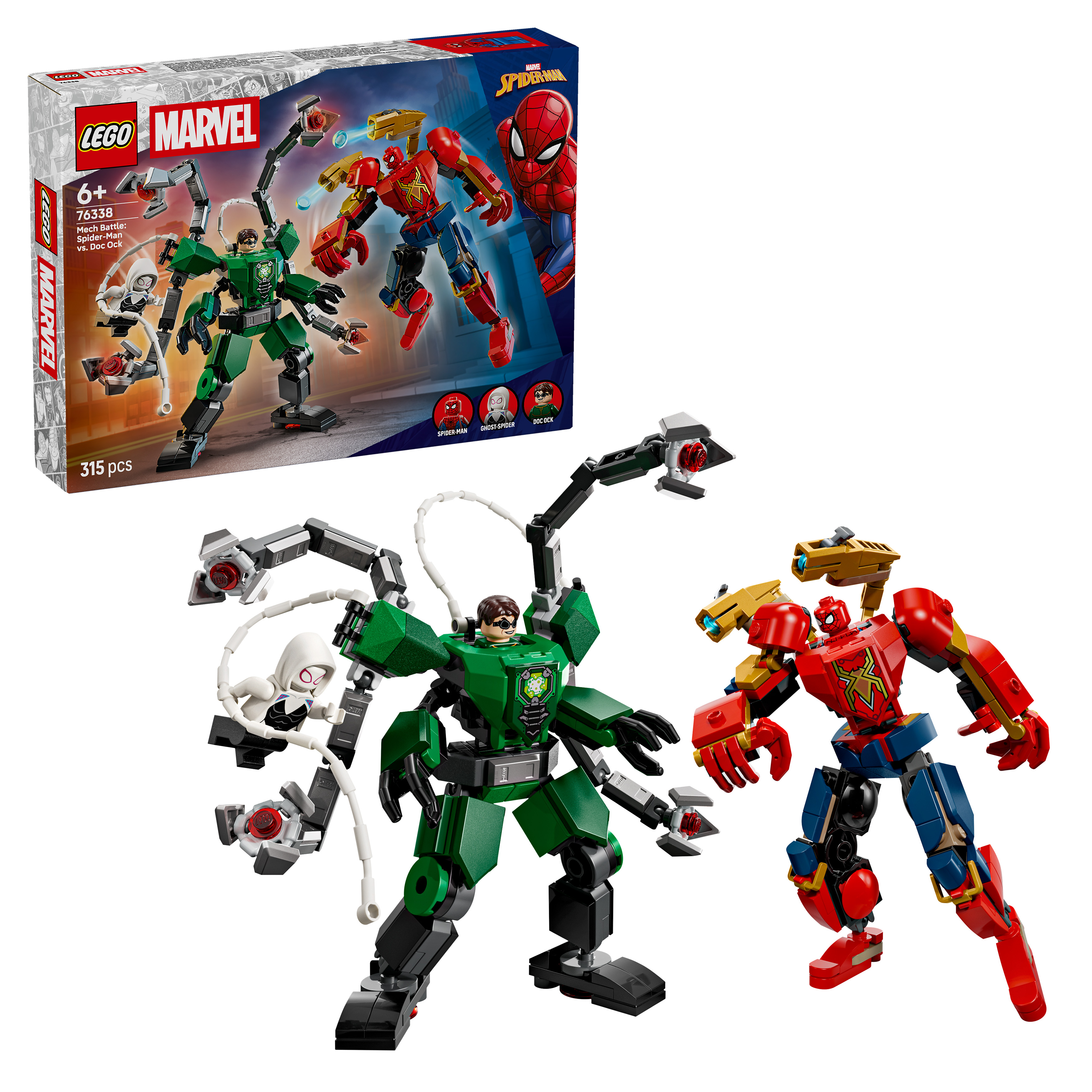 Mechy Lego Spider-Mana, Ghost-Spider i Doc Ocka walczą ze sobą.