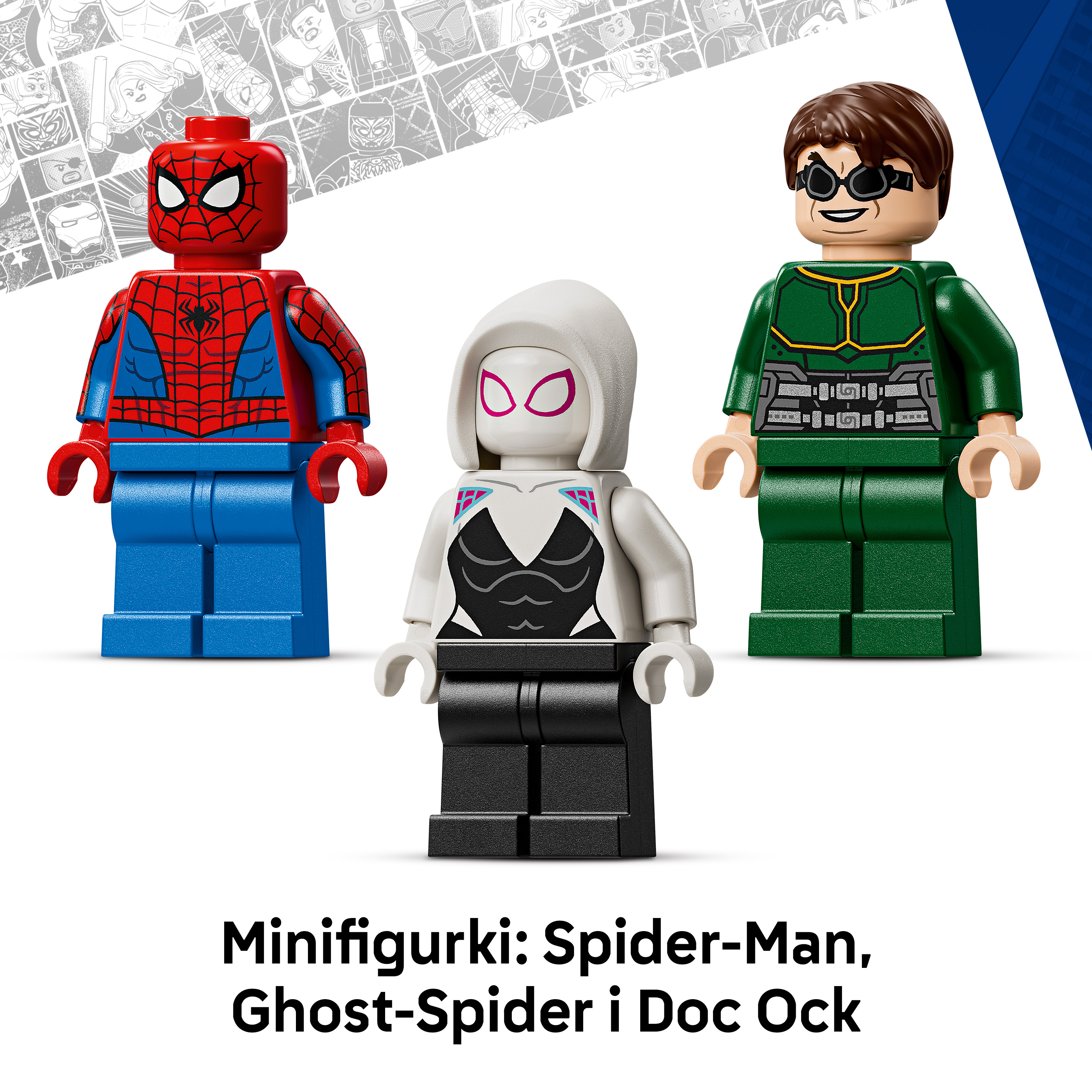 Trzy minifigurki Lego: Spider-Man, Ghost-Spider i Doc Ock na tle komiksowym.