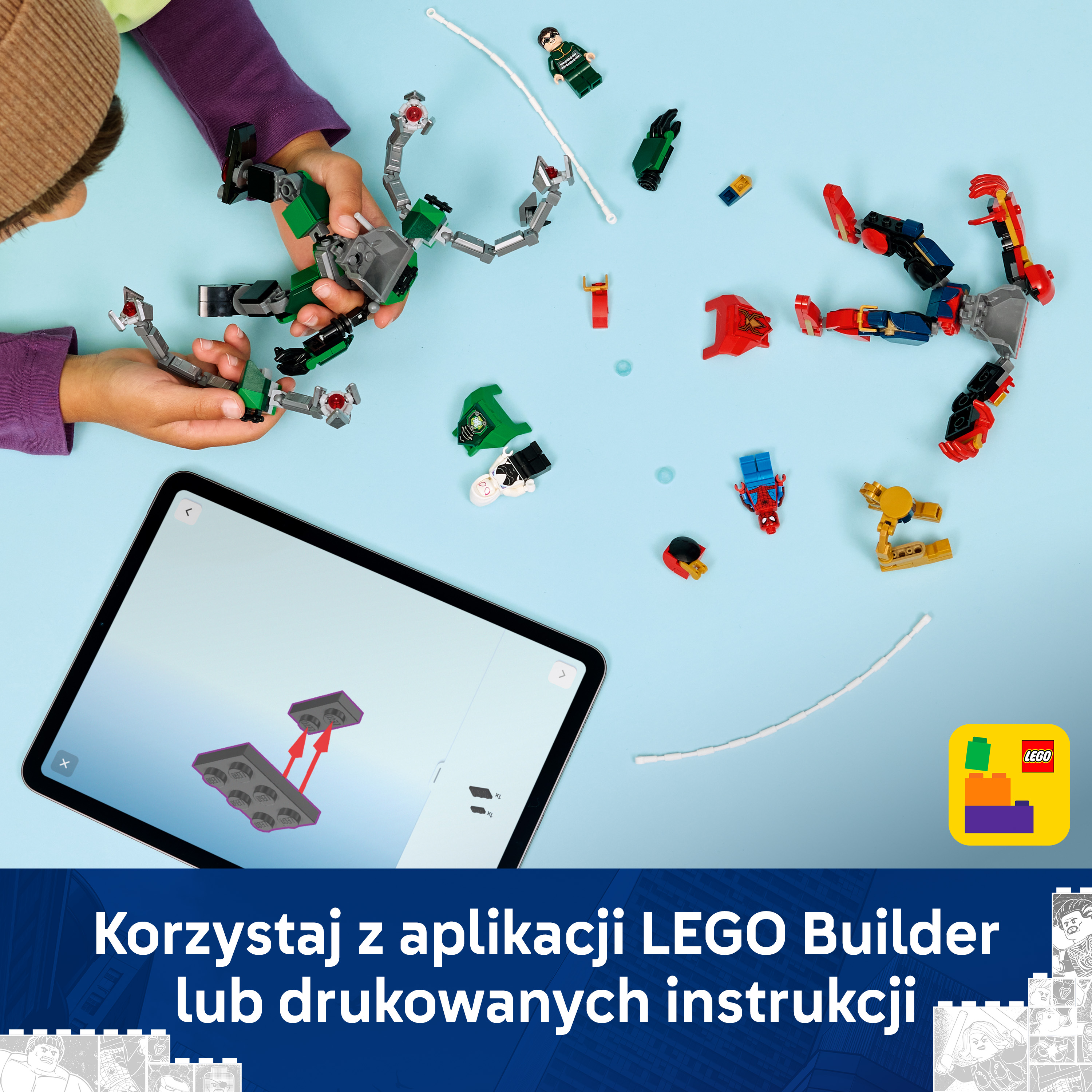 Dziecko buduje Lego z instrukcją na tablecie. Części rozrzucone.
