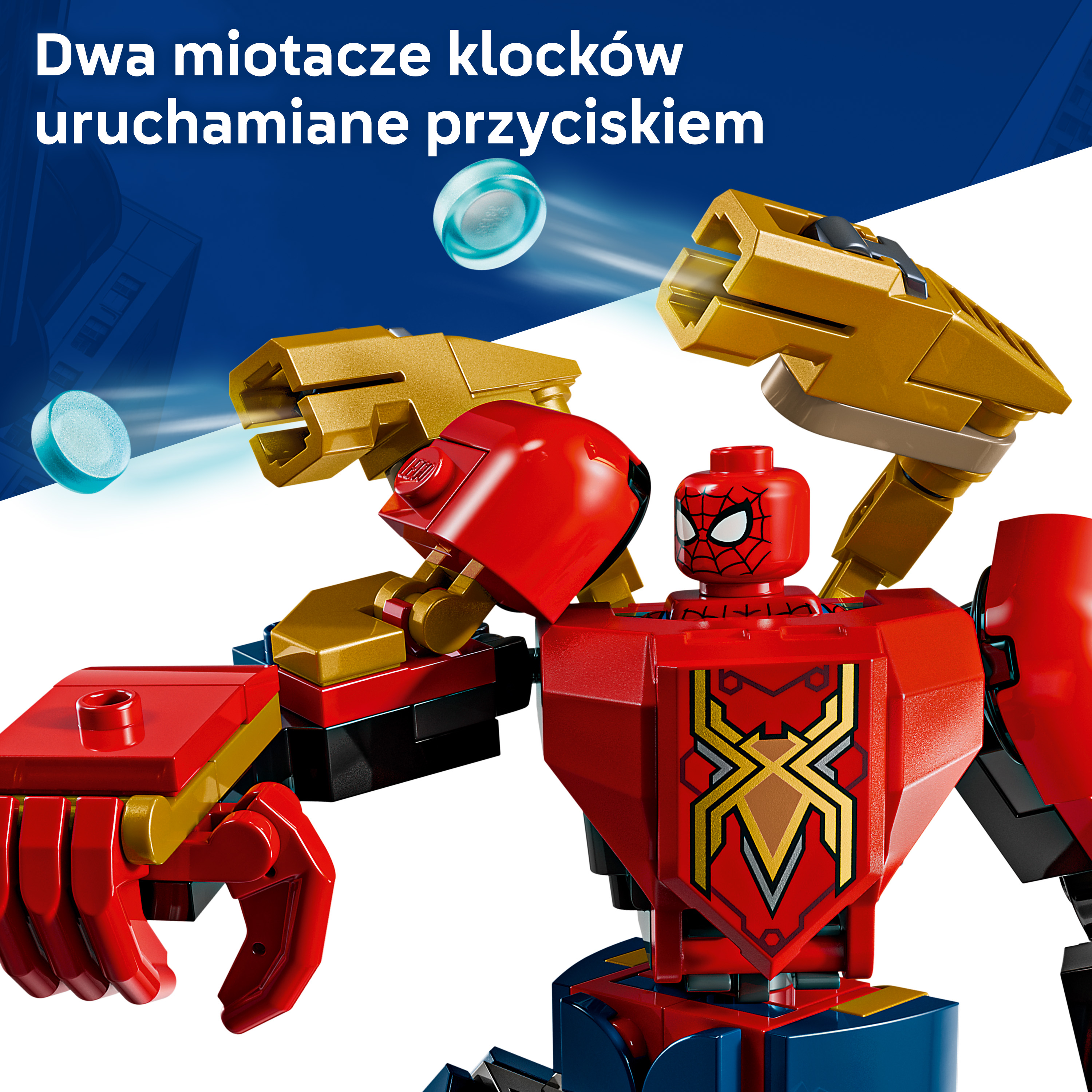 Mech Spider-Mana strzela niebieskimi dyskami ze złotych elementów, szczegółowo.