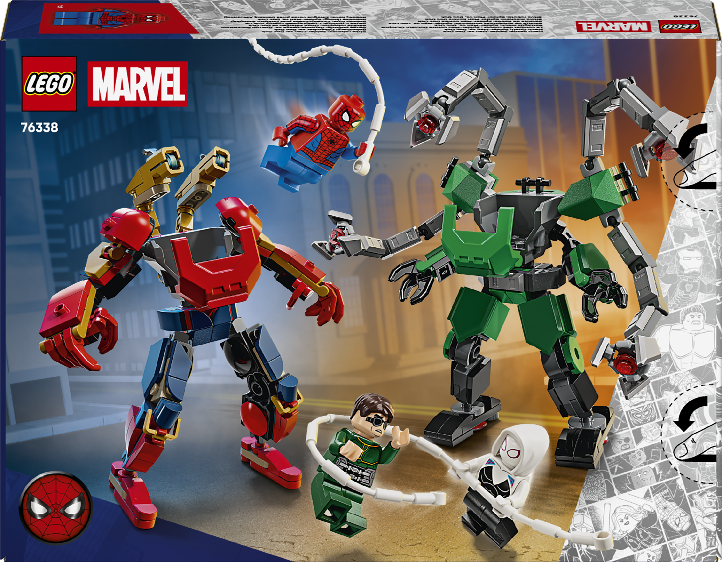 Zestaw LEGO Marvel: Spiderman kontra Doc Ock z robotami i figurkami.