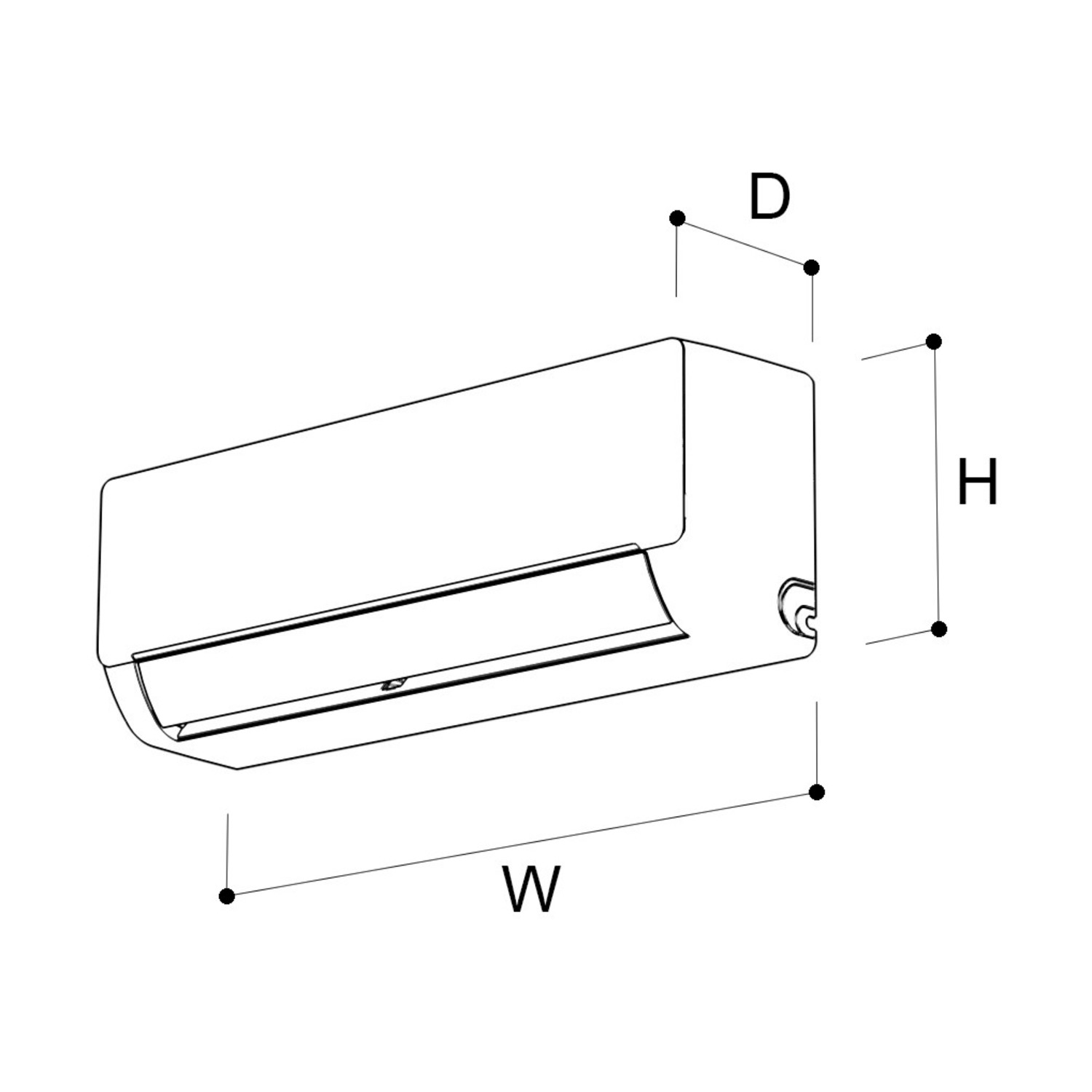 Un disegno al tratto di un'unità di condizionamento con dimensioni L, H e P.
