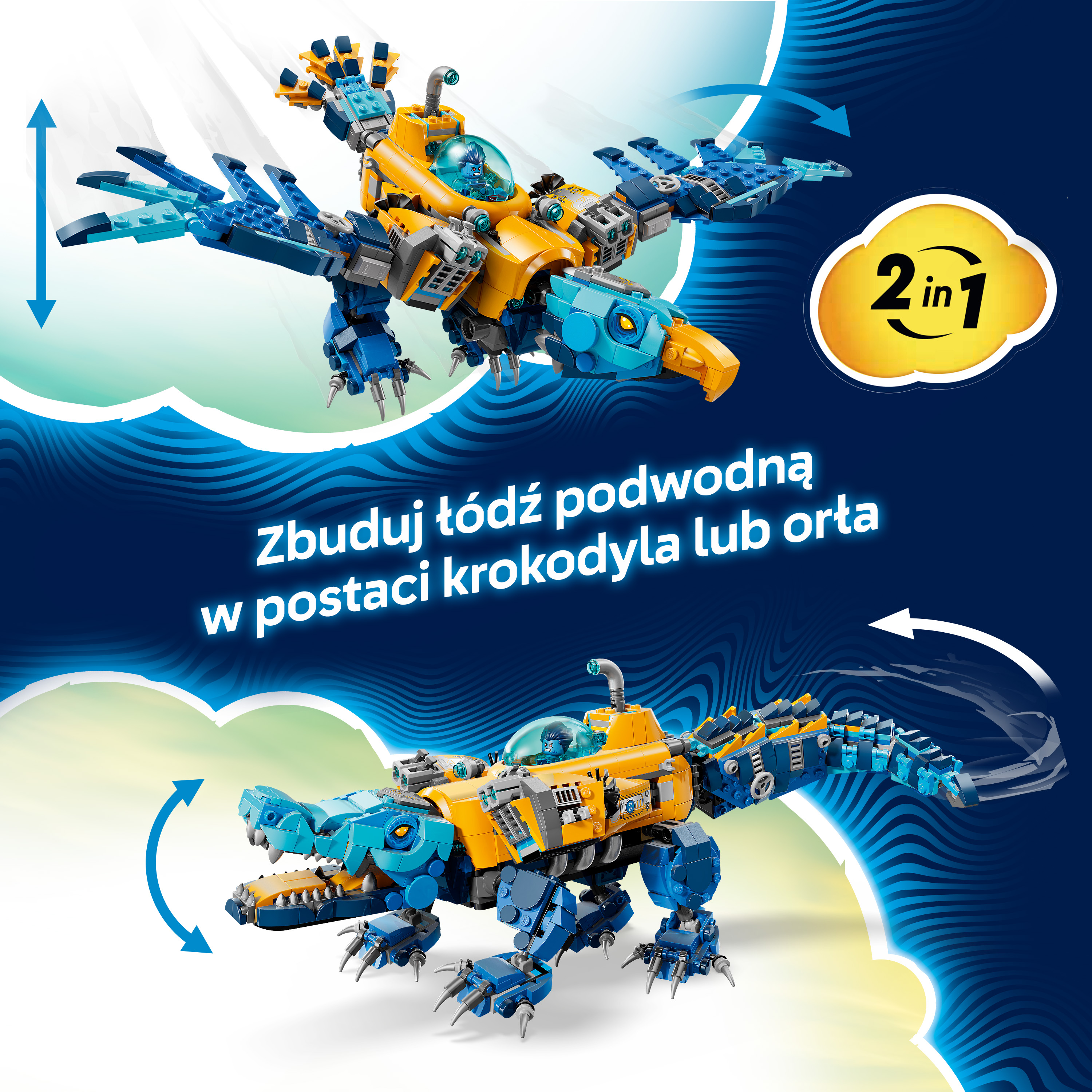 Żółto-niebieski zestaw Lego przedstawiający transformowalnego krokodyla i ptaka.