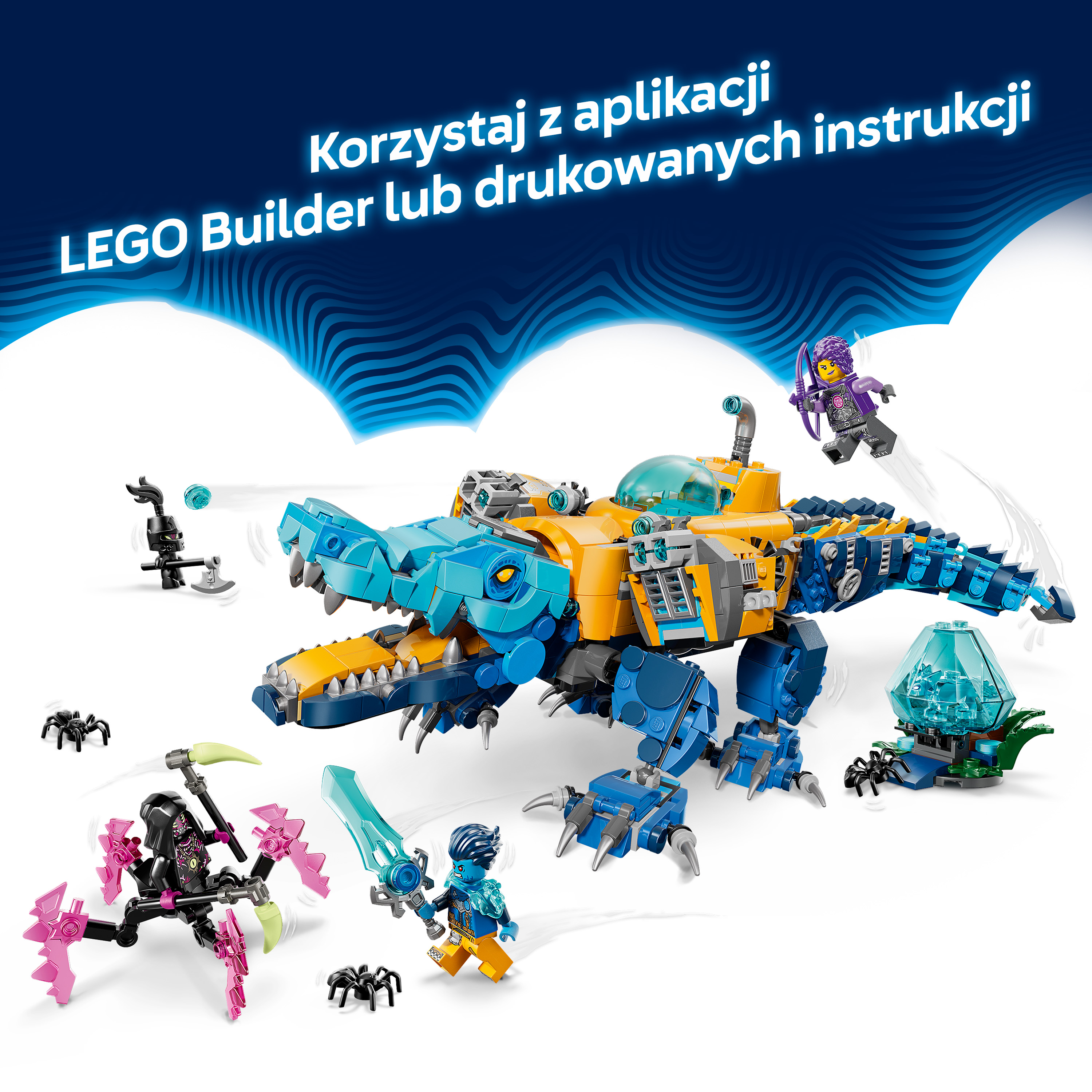 Niebiesko-żółty krokodyl Lego z minifigurkami i pająkami.