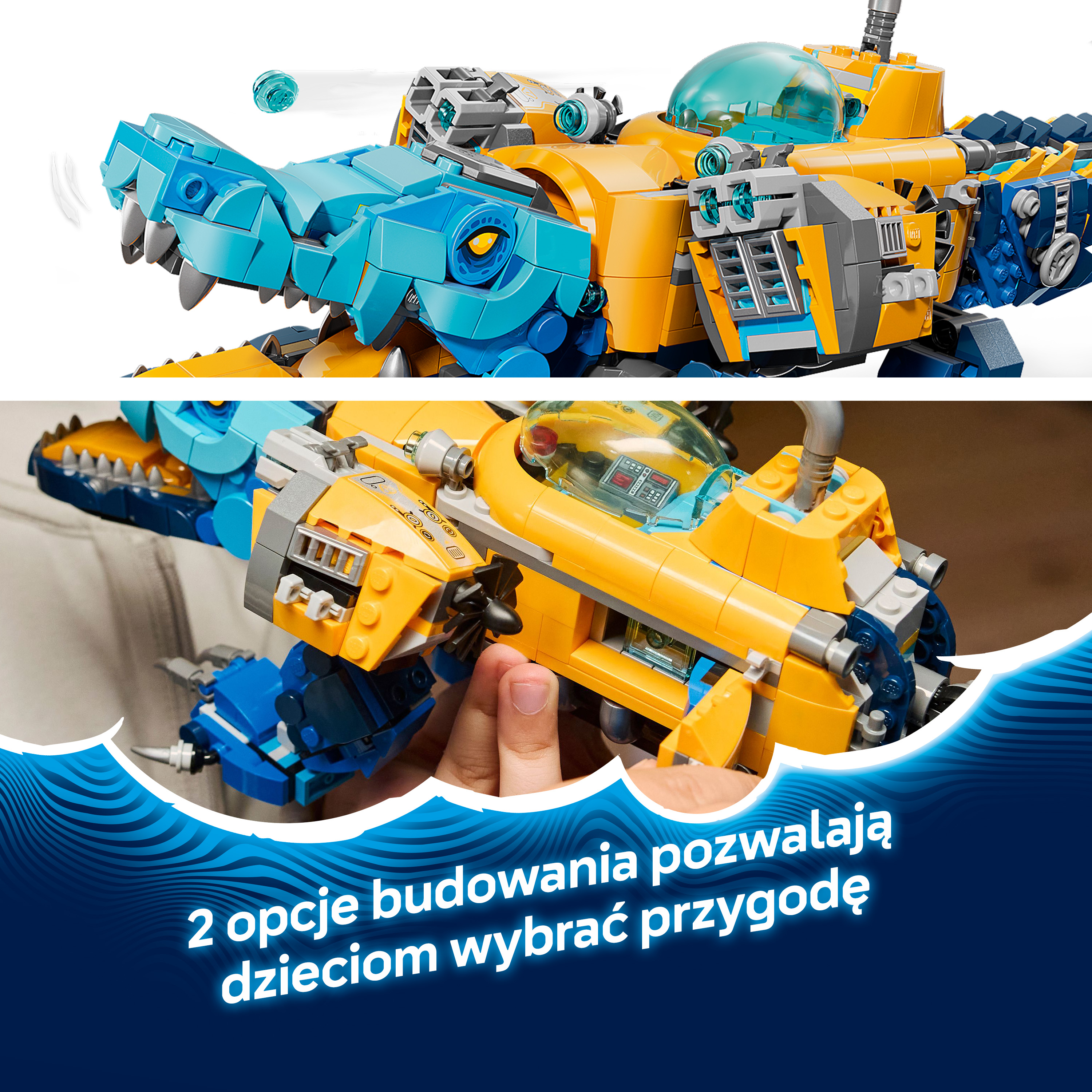 Żółto-niebieski robot dinozaur Lego z kokpitem i piłką.