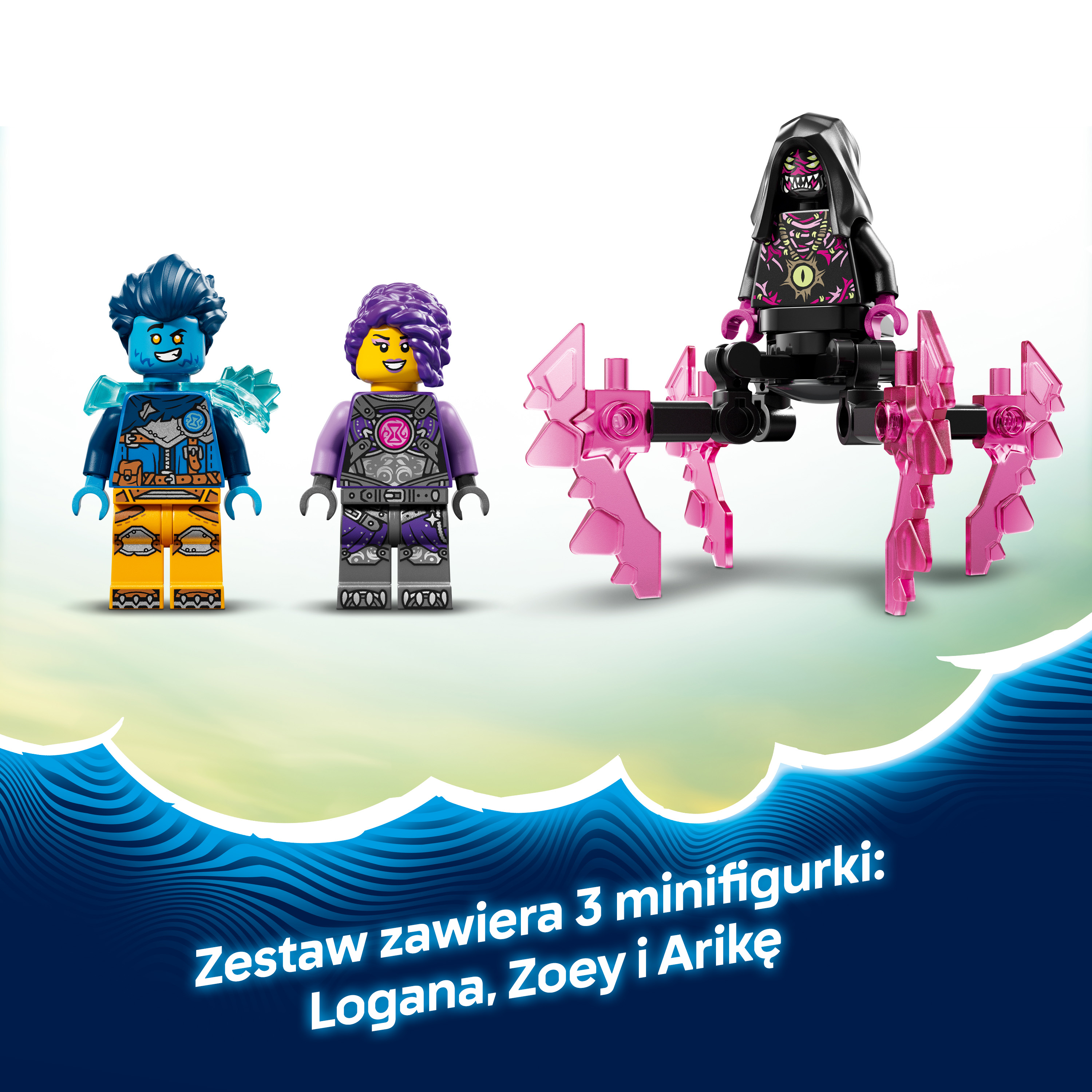 Trzy minifigurki Lego: niebieska, fioletowa i czarna z pajęczymi nogami.