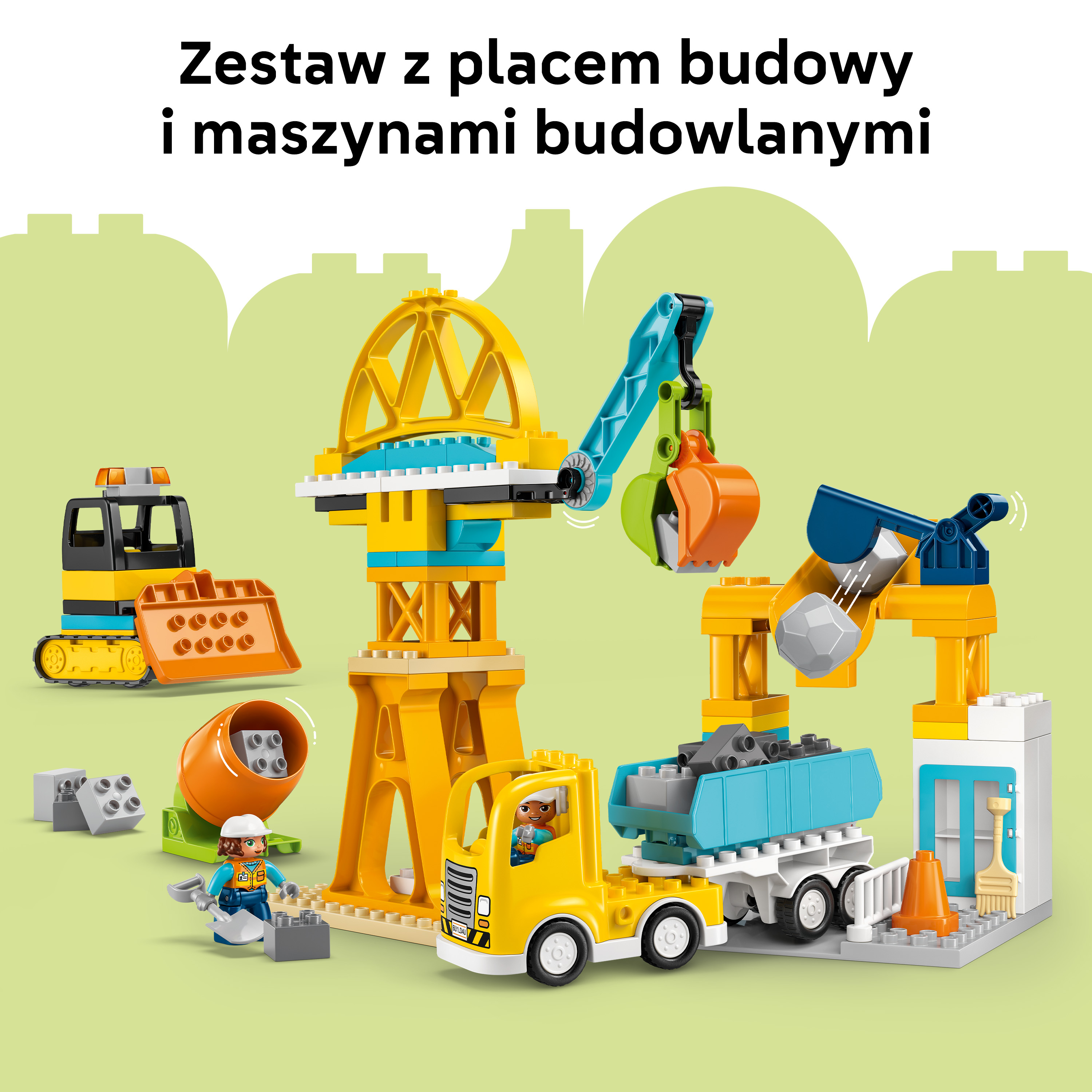 Kolorowy zestaw zabawek konstrukcyjnych Lego z dźwigiem, ciężarówką i koparką.