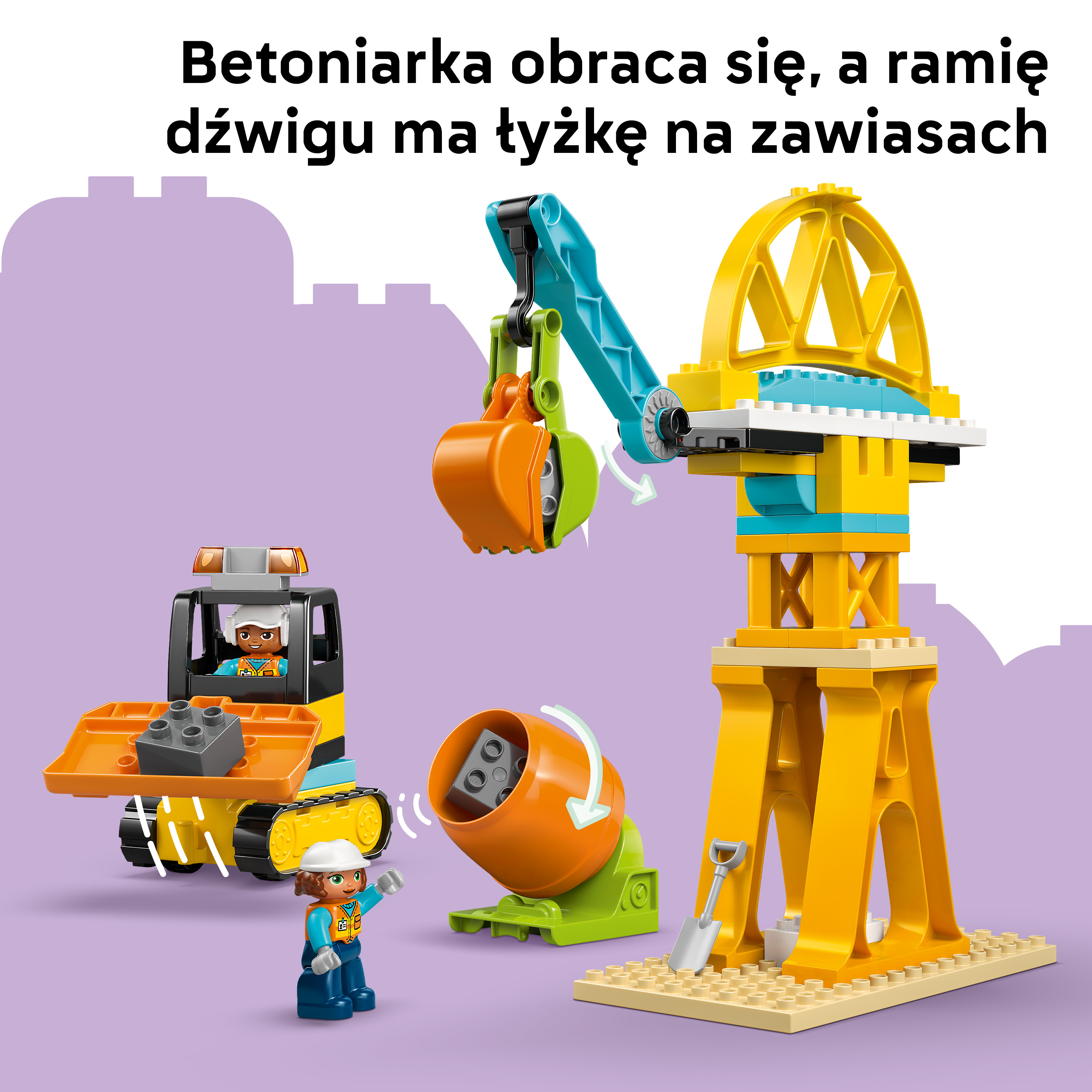 Kolorowa scena budowy z ludzikami, koparką i dźwigiem.