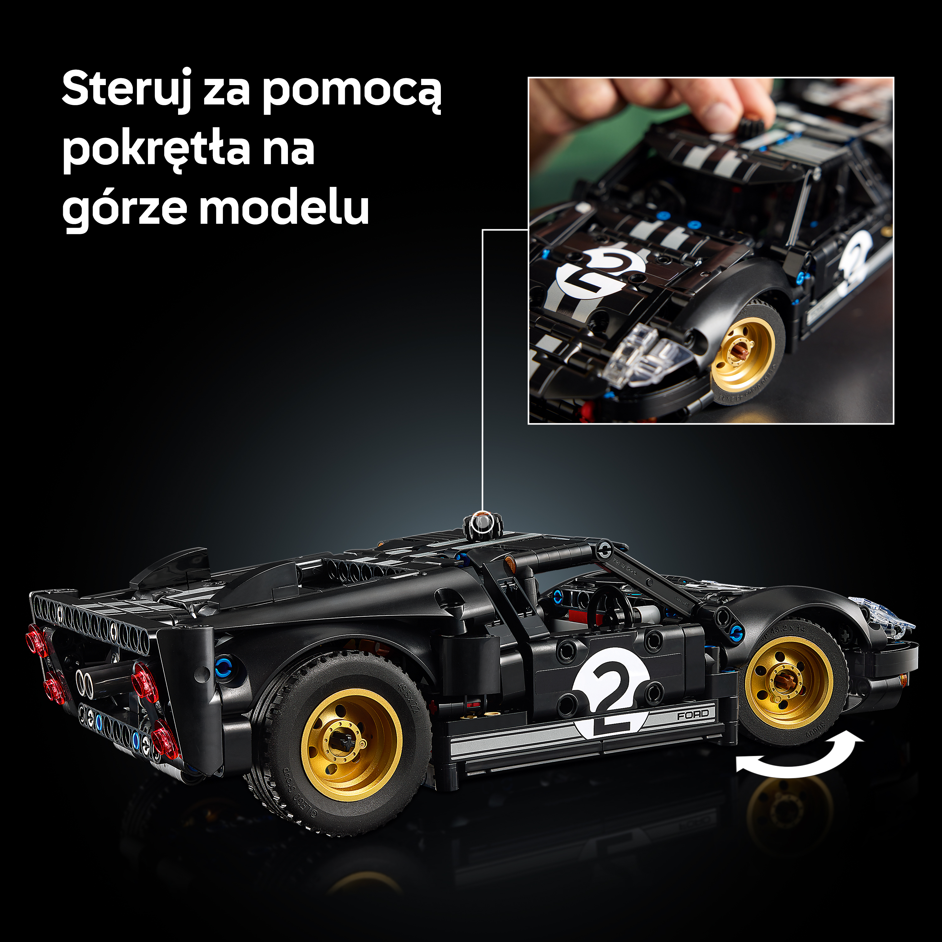 Czarny model Lego Ford GT ze złotymi felgami i numerem 2.