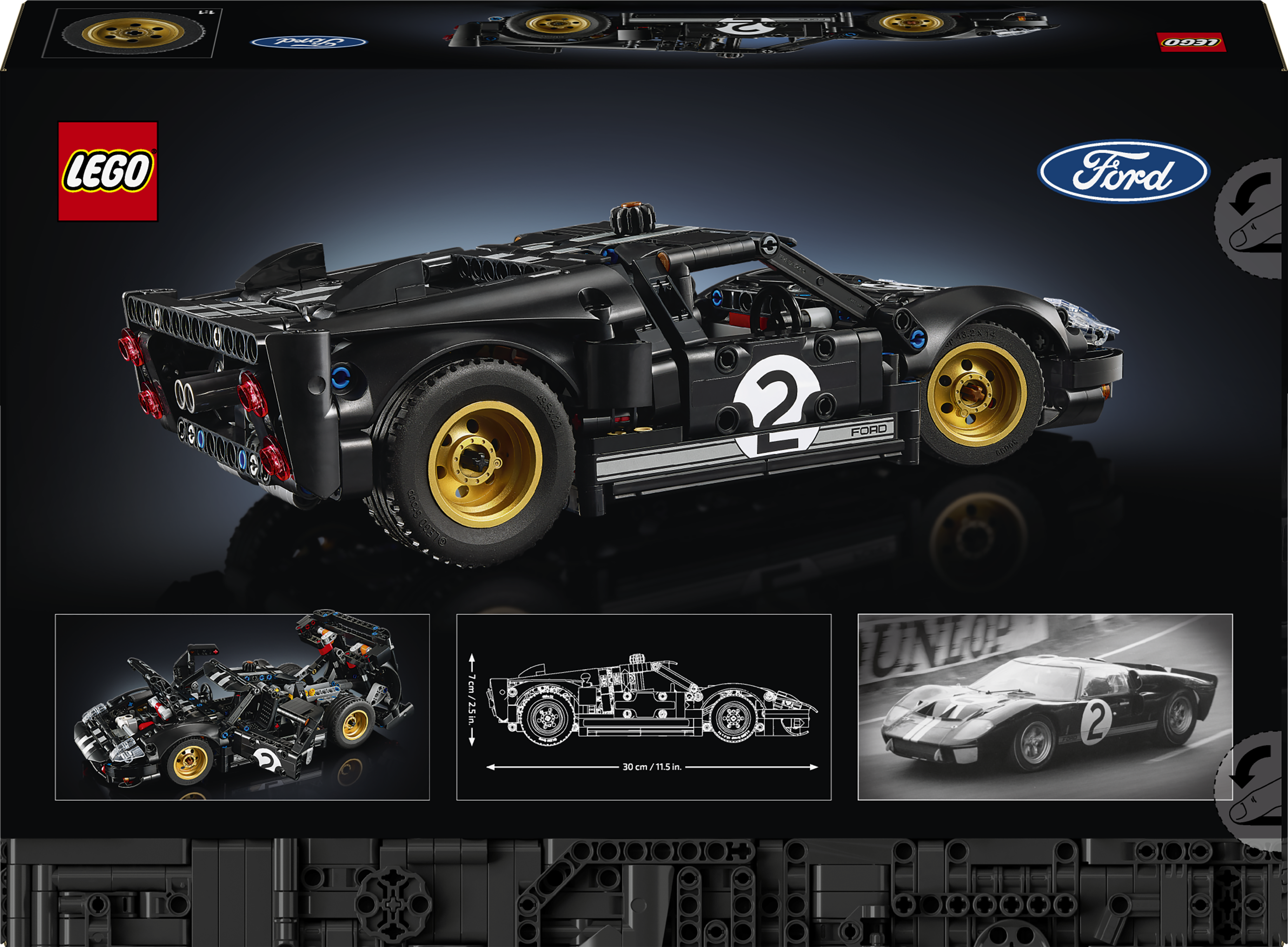 Czarny model samochodu Lego Ford GT ze złotymi felgami i numerem 2.