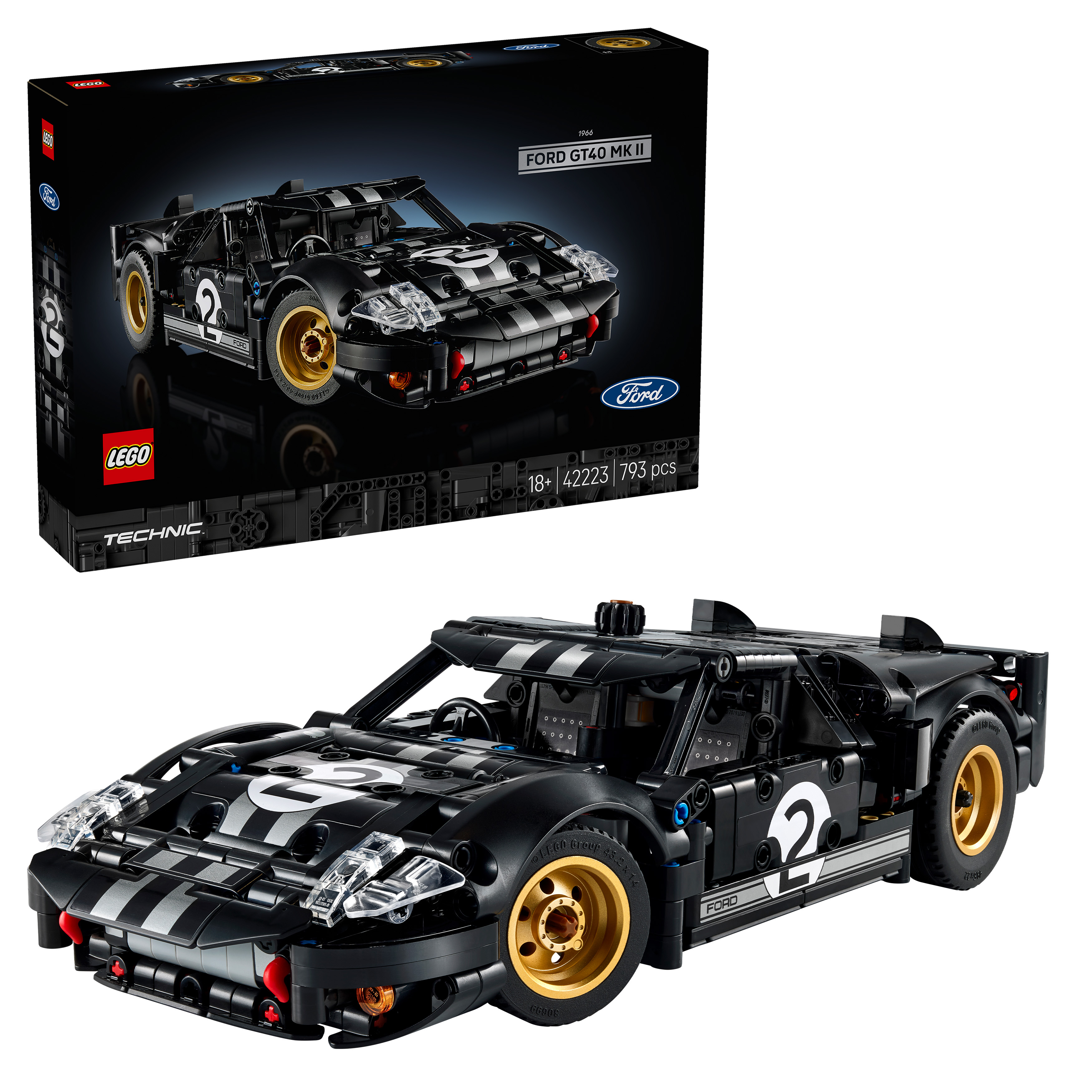 LEGO Technic Ford GT40 Mk II, czarny z białymi pasami i złotymi felgami.