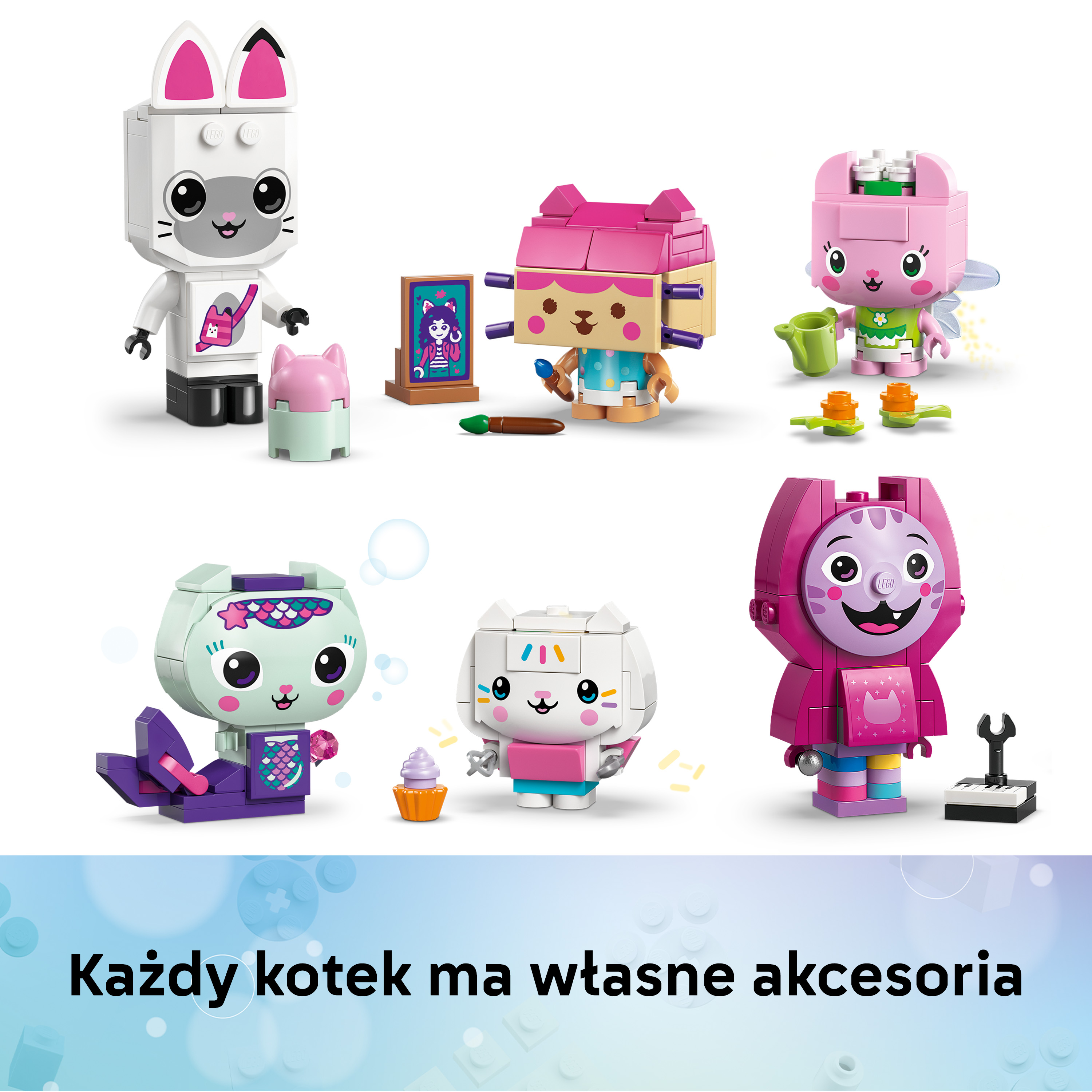 Sześć kolorowych figurek kotów Lego z akcesoriami na białym tle.