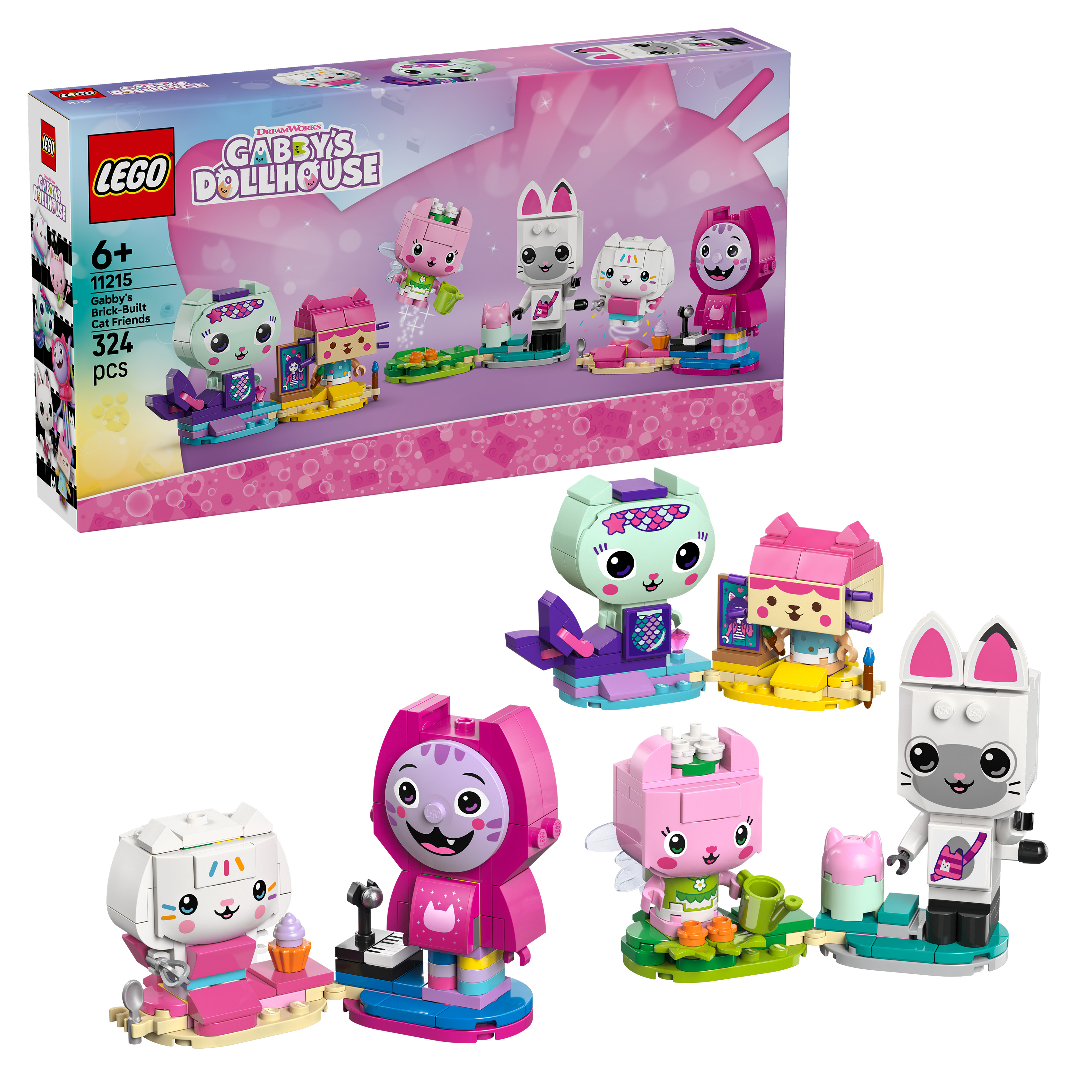 Zestaw LEGO Gabby's Dollhouse z 5 kolorowymi figurkami kotów i akcesoriami na fioletowej podstawie.