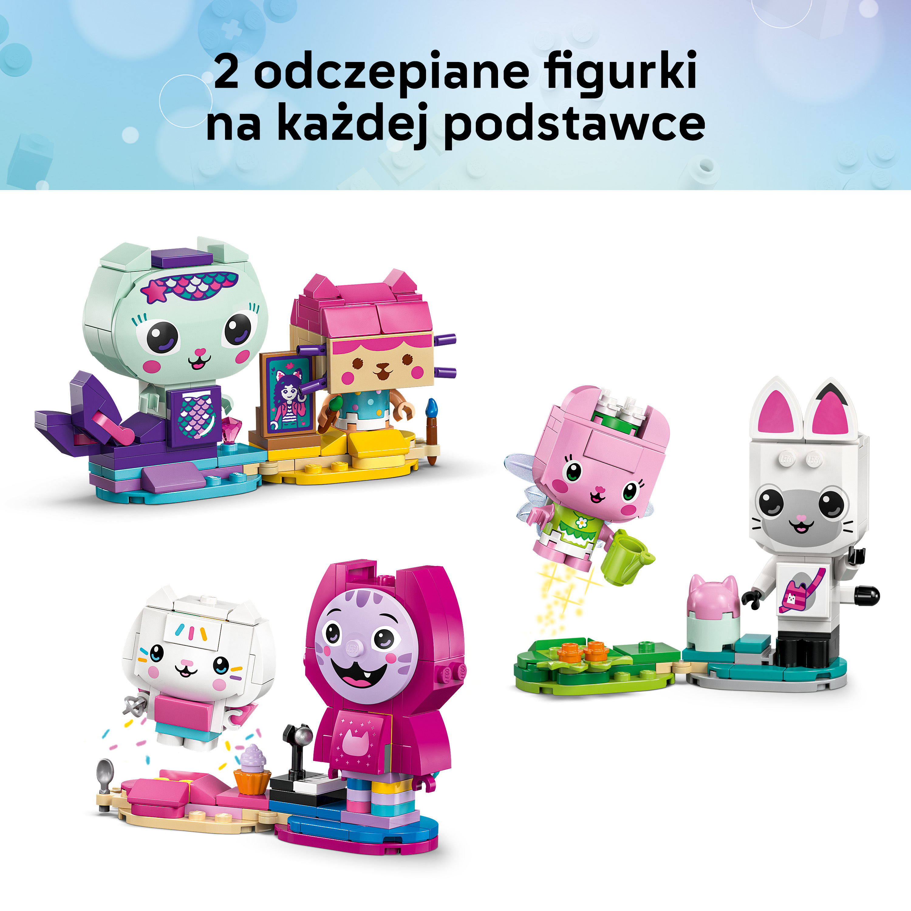Kolorowe figurki kotów Lego na wystawkach, niektóre z akcesoriami jak konewka i babeczka.